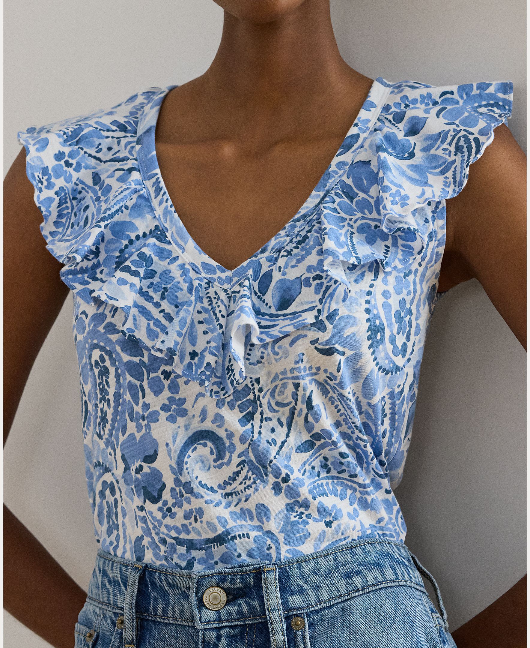 T-shirt de Algodão com Folhos Azul / Branco-3