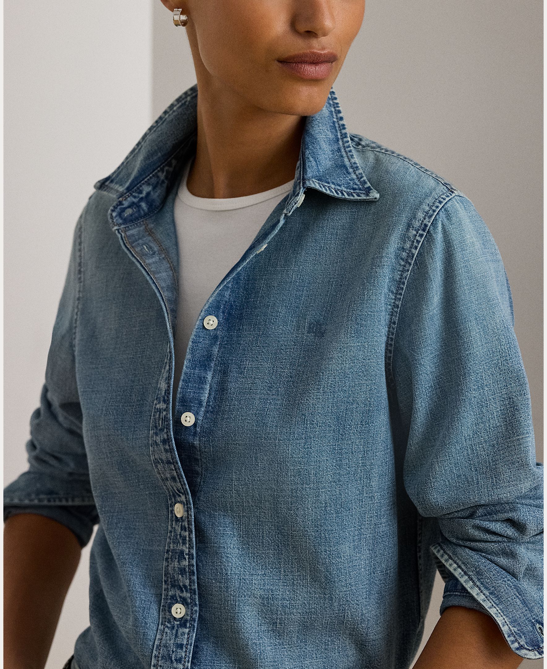 Camisa de Ganga de Algodão Azul-claro-3