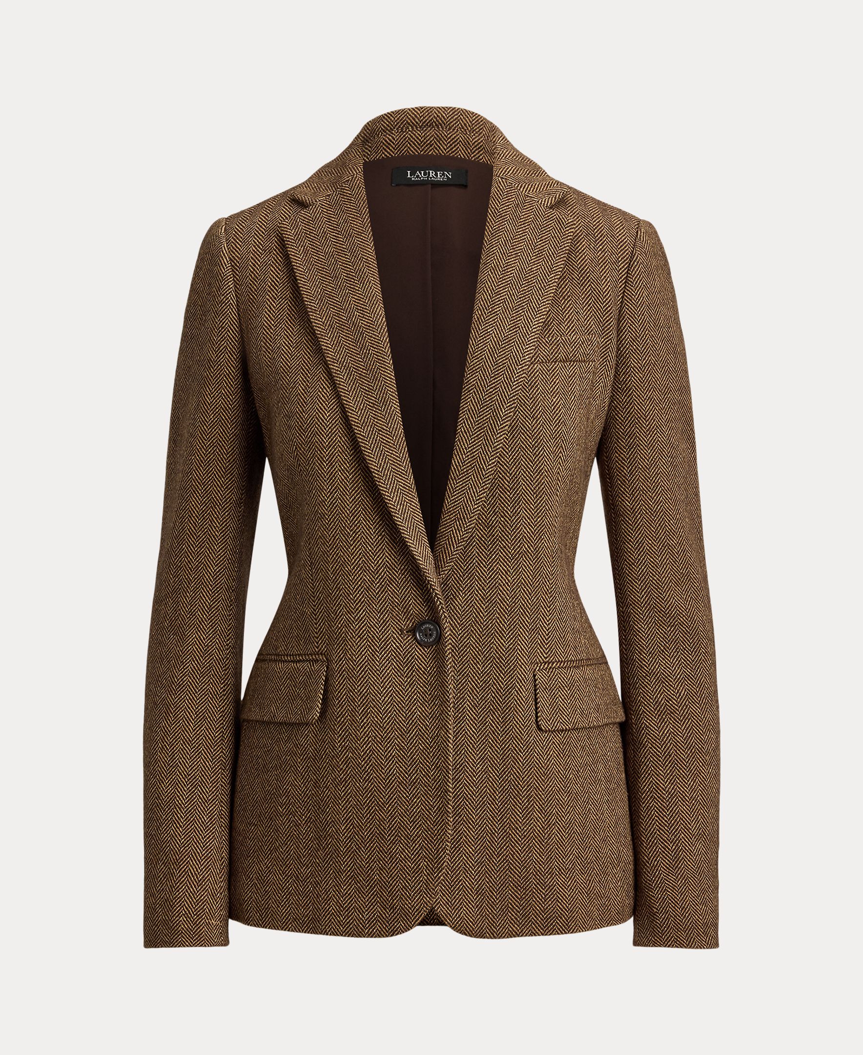 Blazer de Abotoadura Simples em Padrão Espinha de Peixe Castanho-8