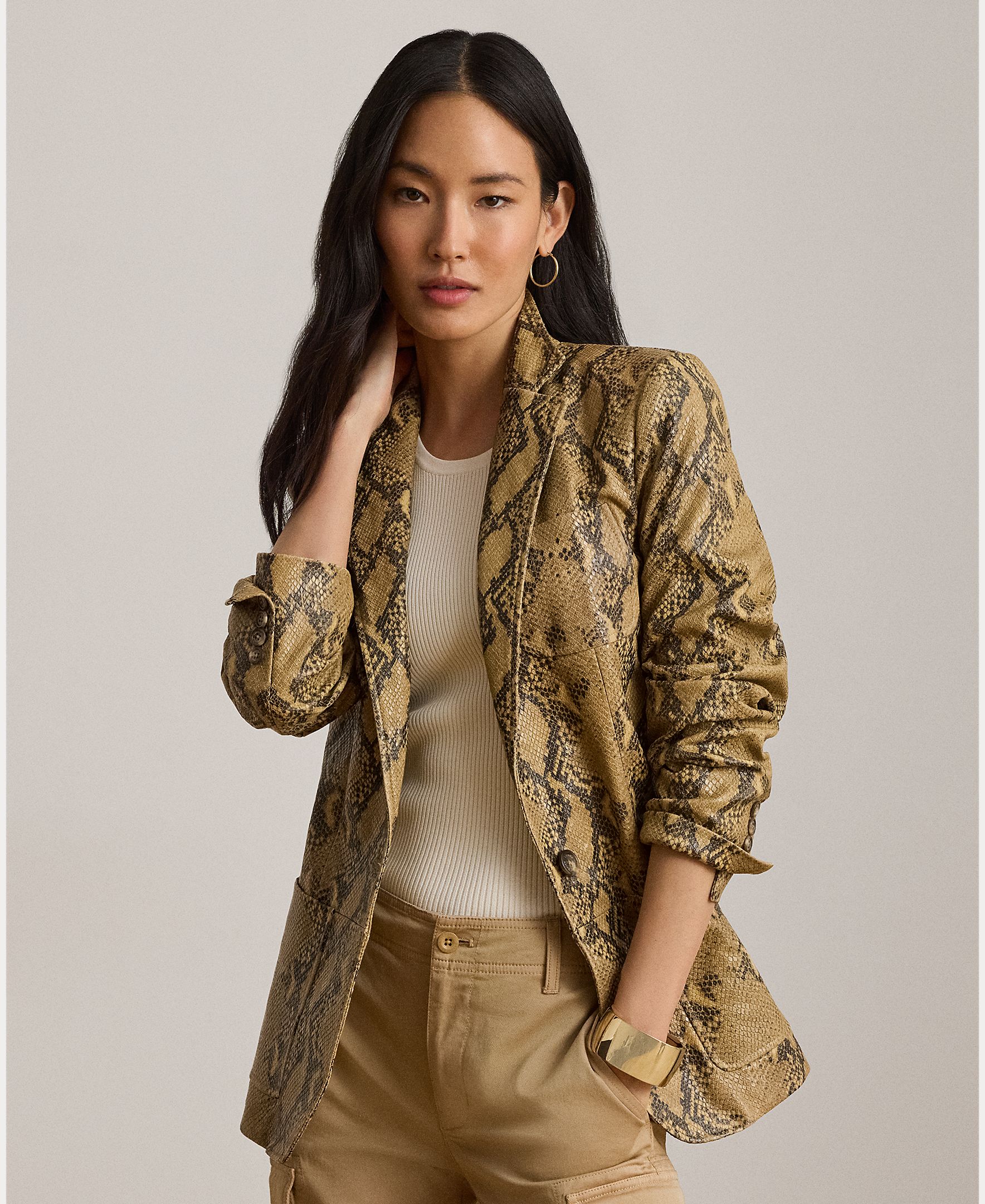 Blazer em Pele com Animal Print de Serpente Caramelo-3