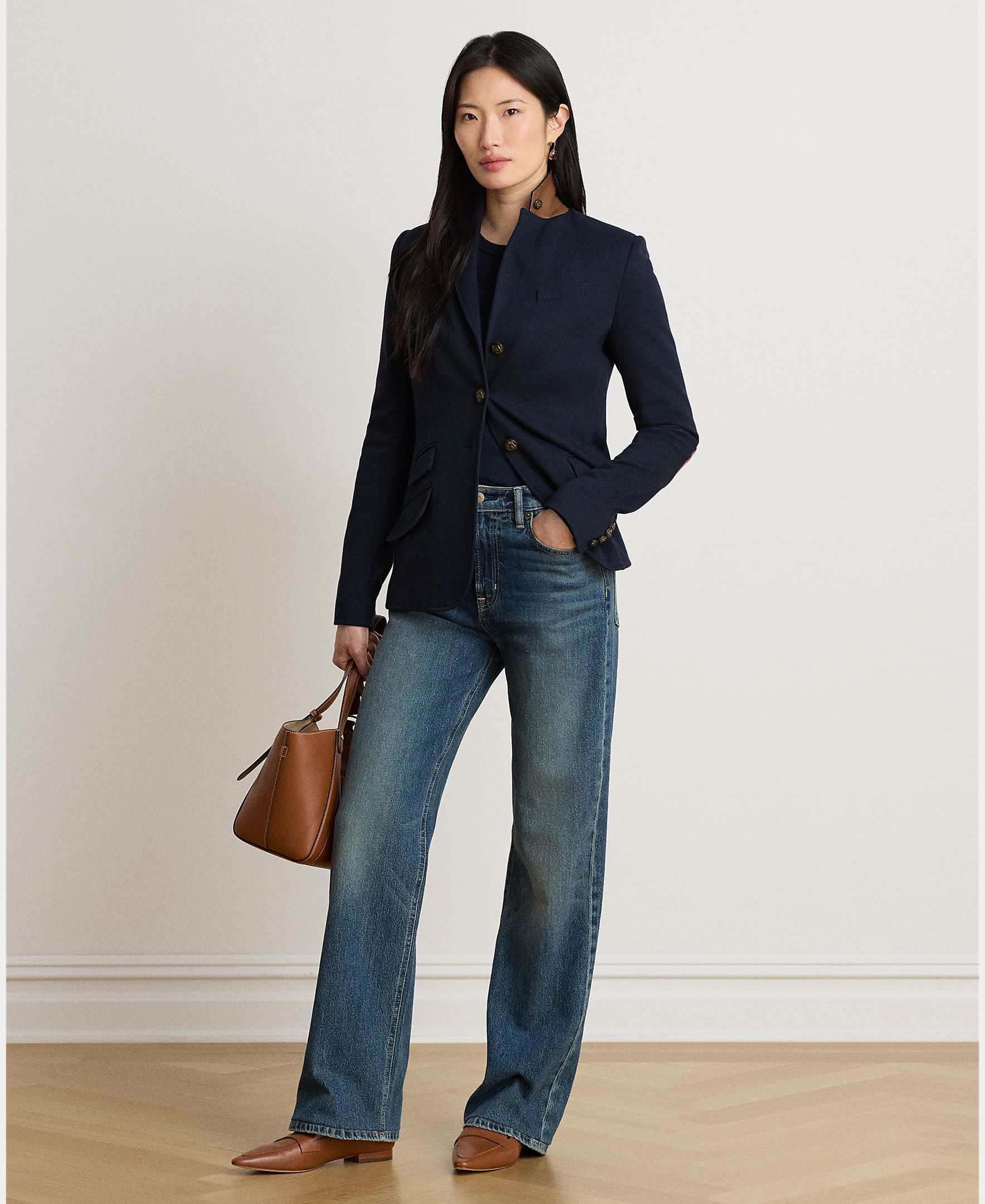 Imagen 0 de Blazer de mujer de jacquard en espiga de algodón Azul marino