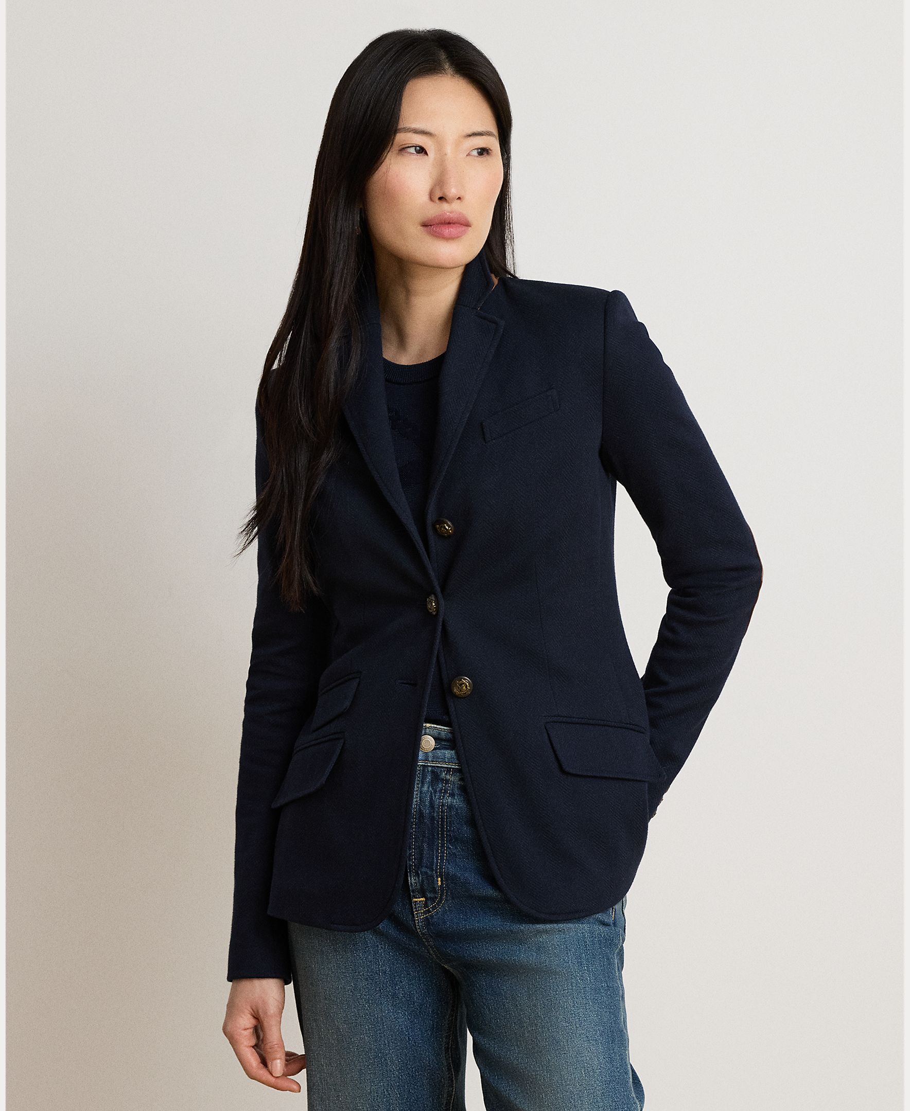 Blazer de Jacquard de Algodão com Padrão Espinha de Peixe Azul-marinho-3