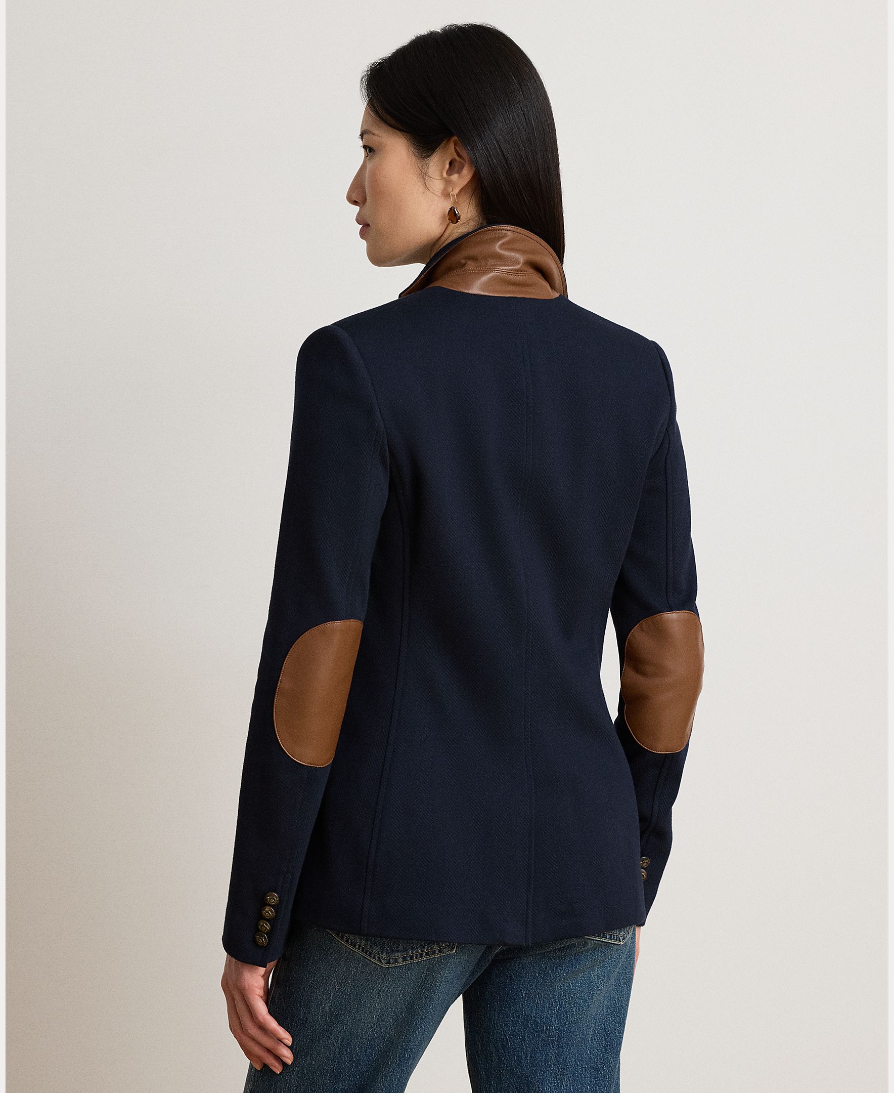 Blazer de Jacquard de Algodão com Padrão Espinha de Peixe Azul-marinho-4