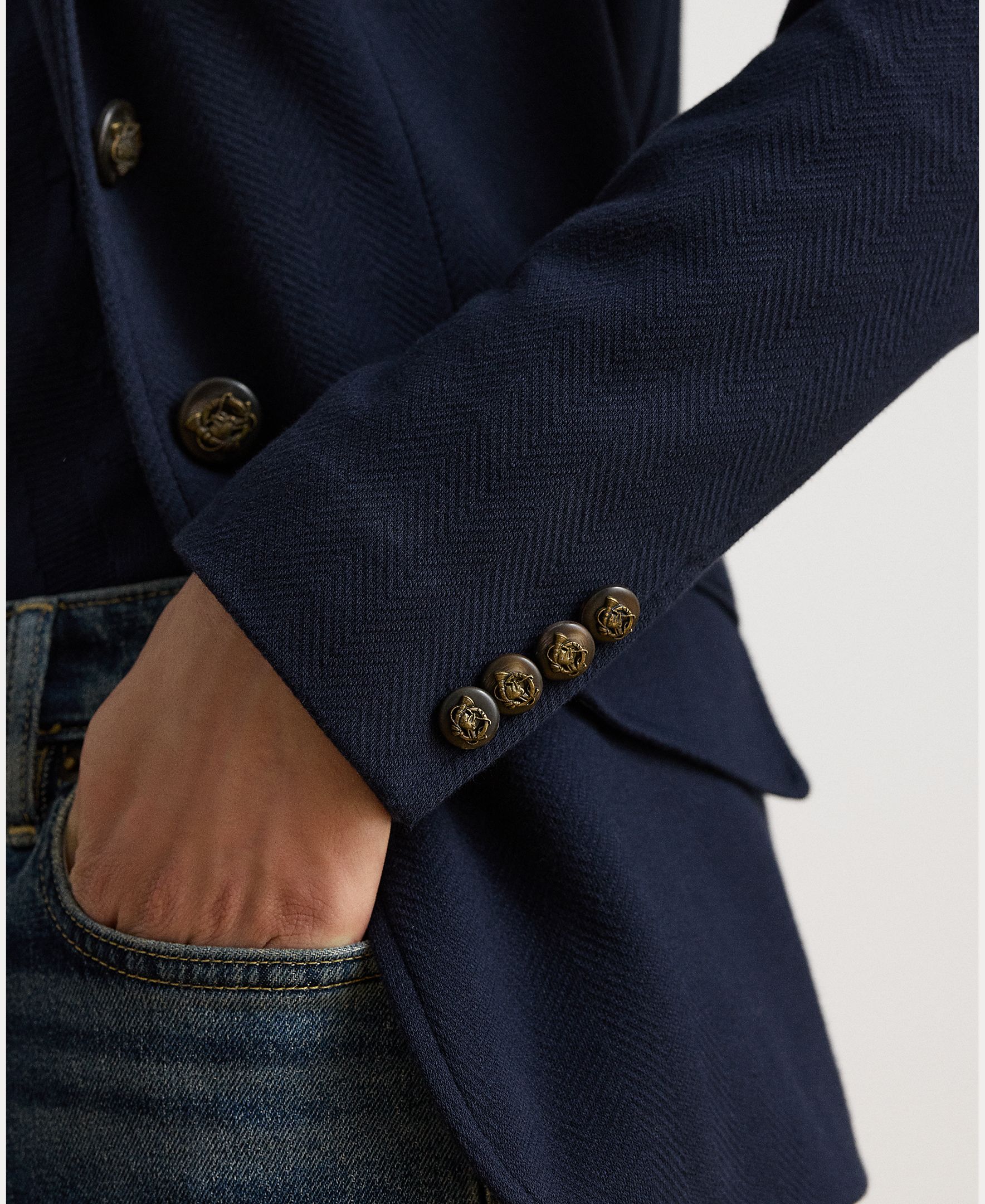 Blazer de Jacquard de Algodão com Padrão Espinha de Peixe Azul-marinho-6