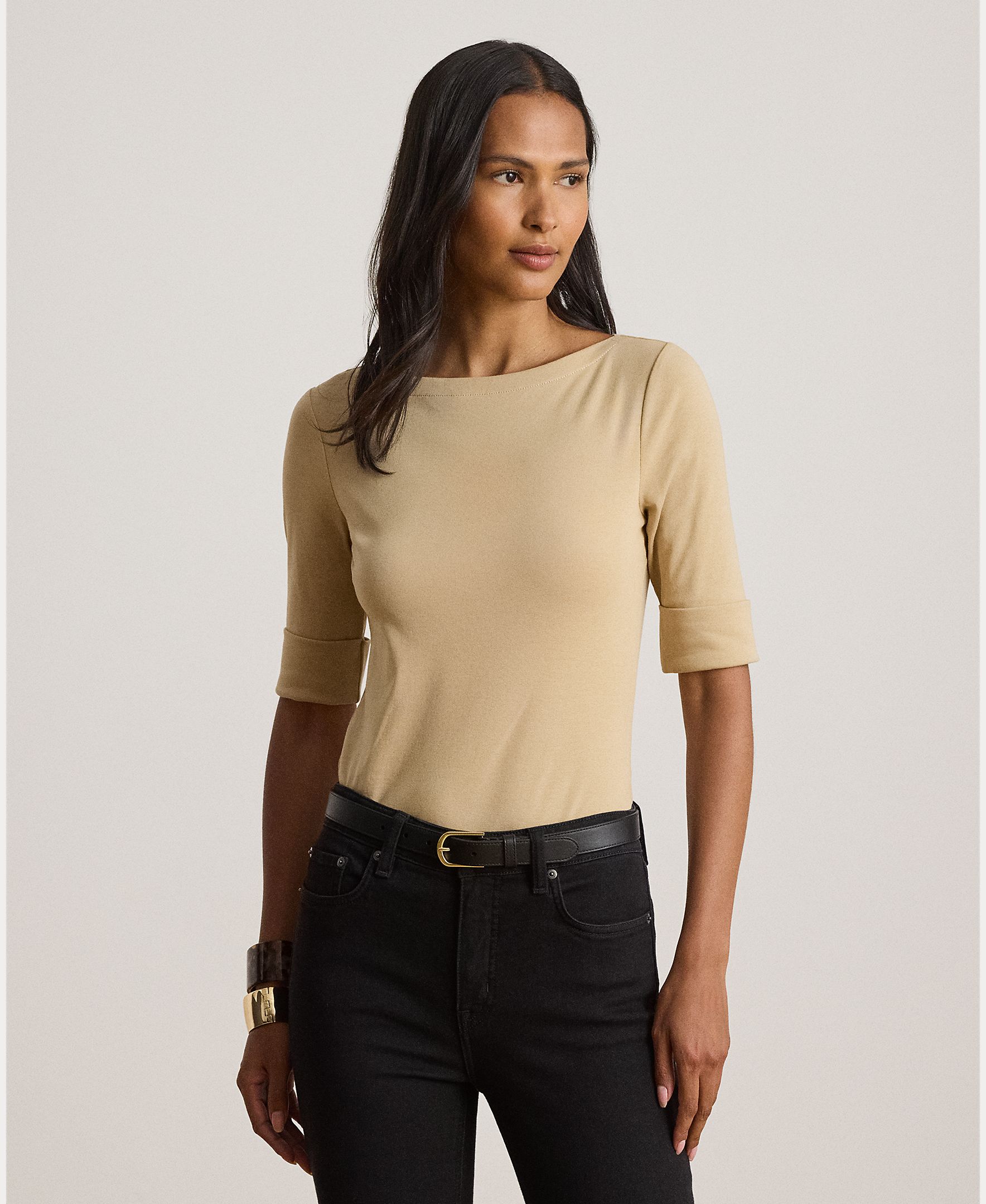 Camiseta de mujer de algodón con cuello barco - Lauren Ralph Lauren - Beige Beige-1
