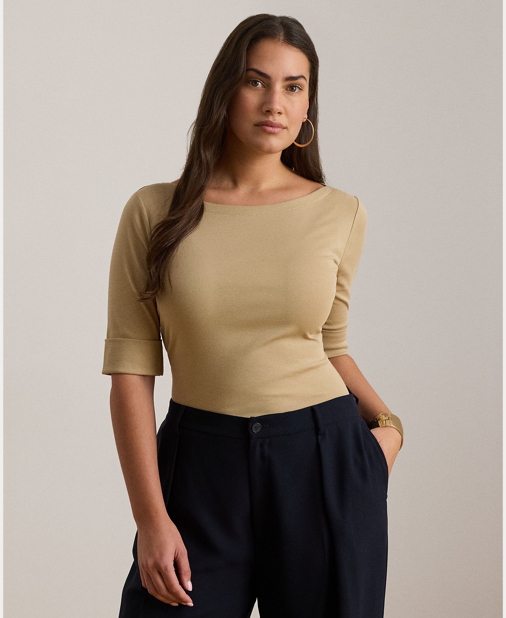 Camiseta de mujer de algodón con cuello barco - Lauren Ralph Lauren - Beige Beige-5