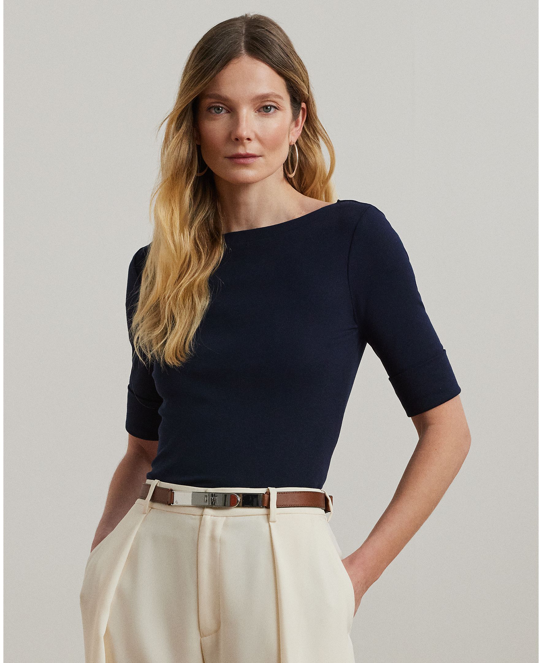 Camiseta de mujer de algodón con cuello barco - Lauren Ralph Lauren - Azul marino Azul marino-1