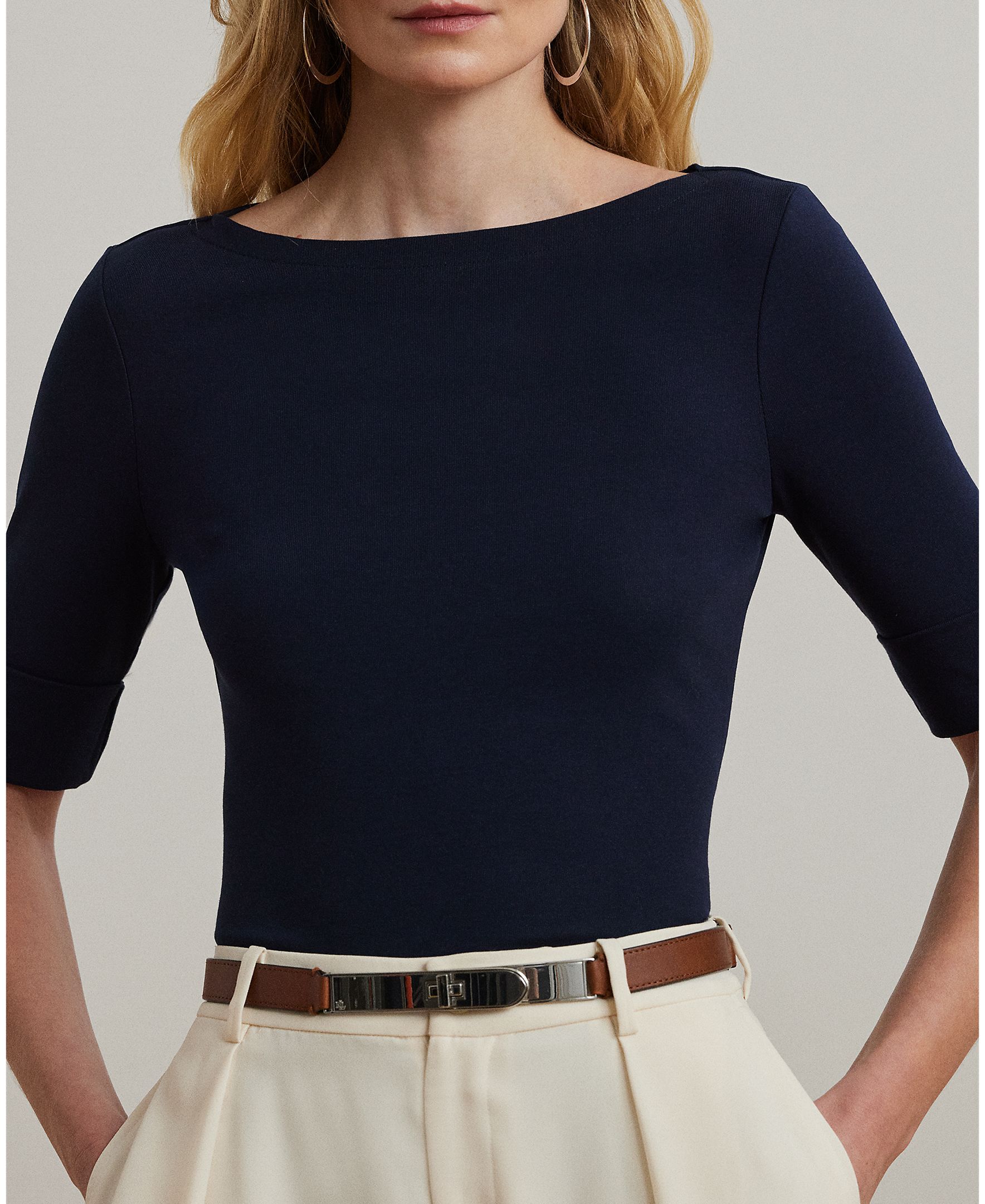 Camiseta de mujer de algodón con cuello barco - Lauren Ralph Lauren - Azul marino Azul marino-4