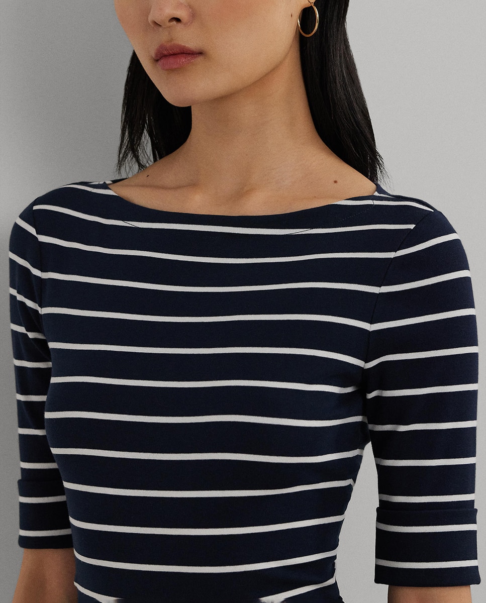 T-shirt de mulher às riscas com manga 3/4 Azul-marinho-4