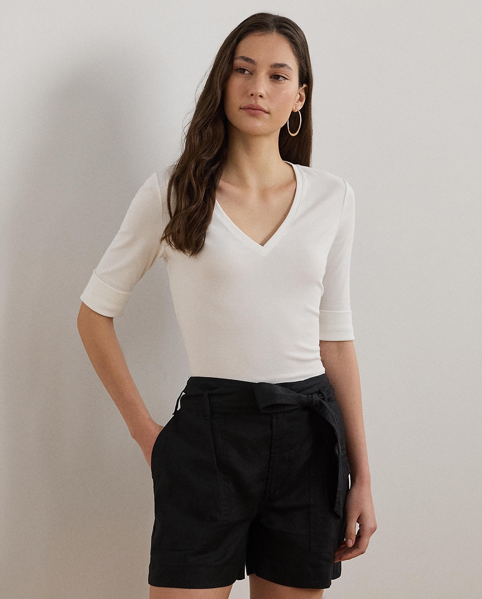 Lauren Ralph Lauren - Camiseta de mujer de algodón con cuello pico.