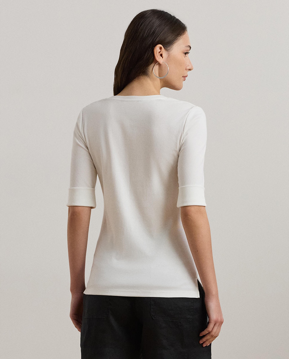 T-shirt de Algodão com Decote em Bico Branco-3