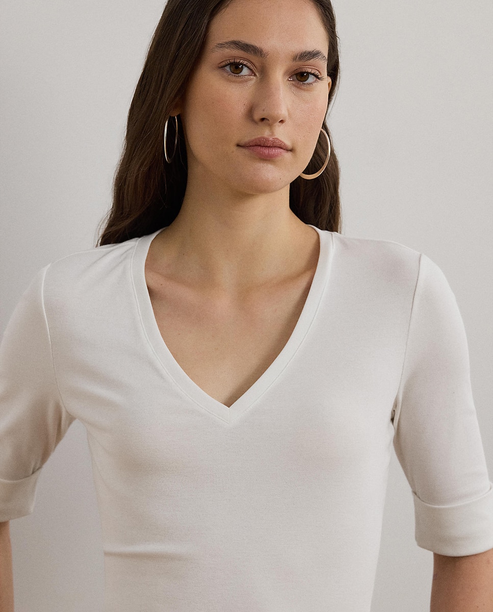 T-shirt de Algodão com Decote em Bico Branco-4