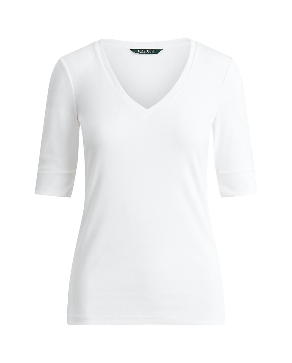 T-shirt de Algodão com Decote em Bico Branco-5