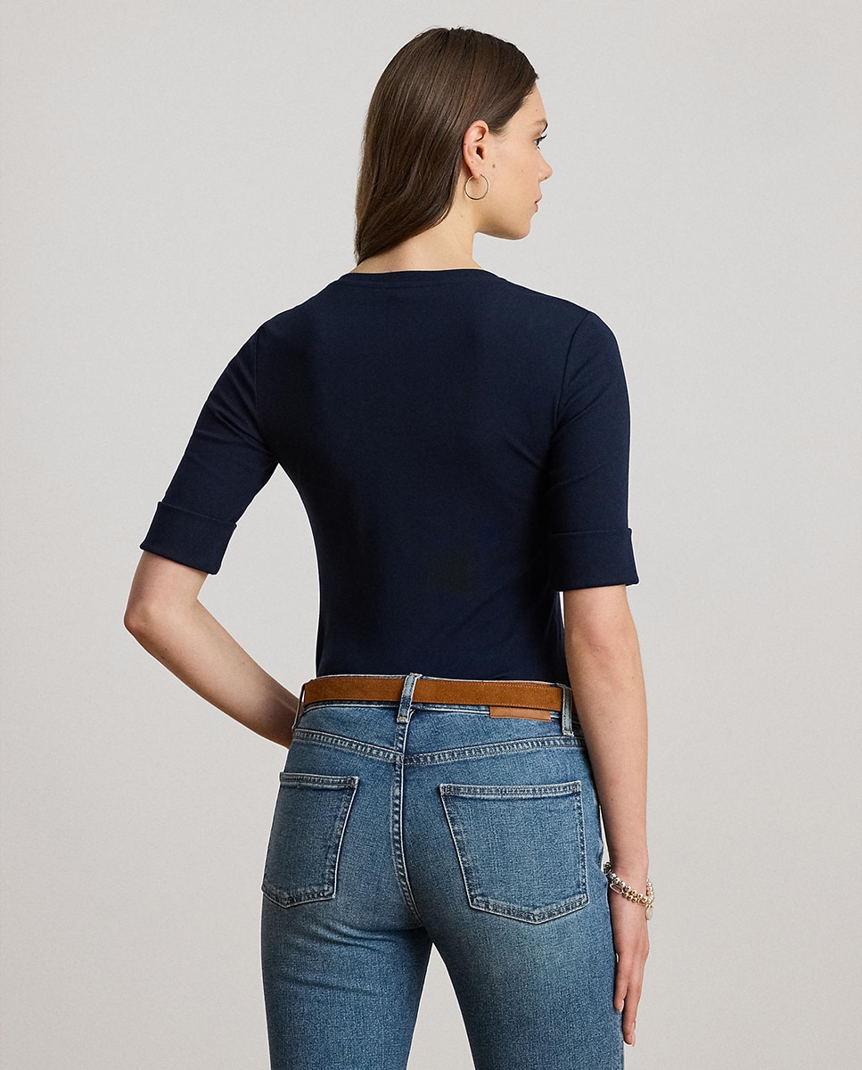 T-shirt de Algodão com Decote em Bico Azul-marinho-3