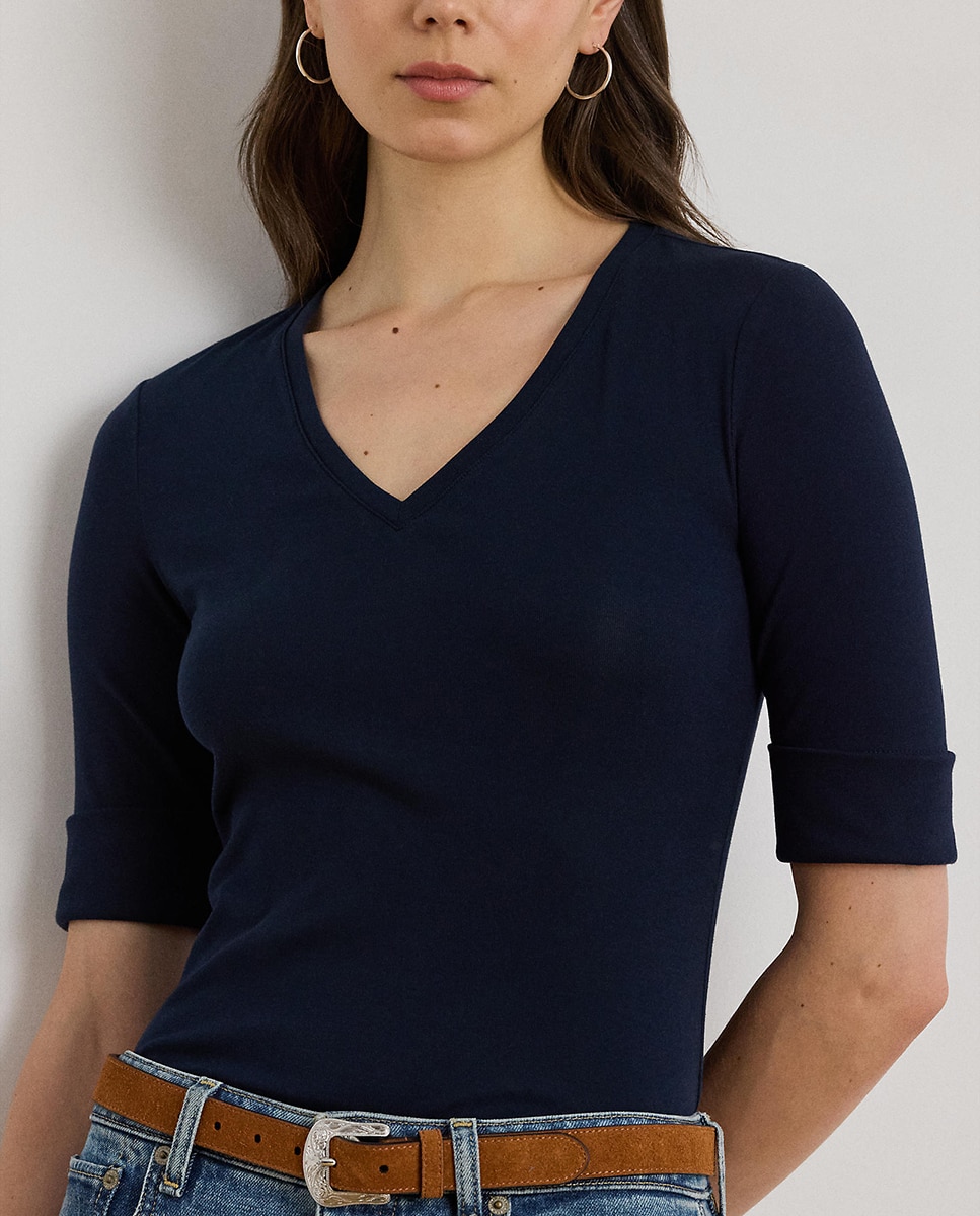 T-shirt de Algodão com Decote em Bico Azul-marinho-5