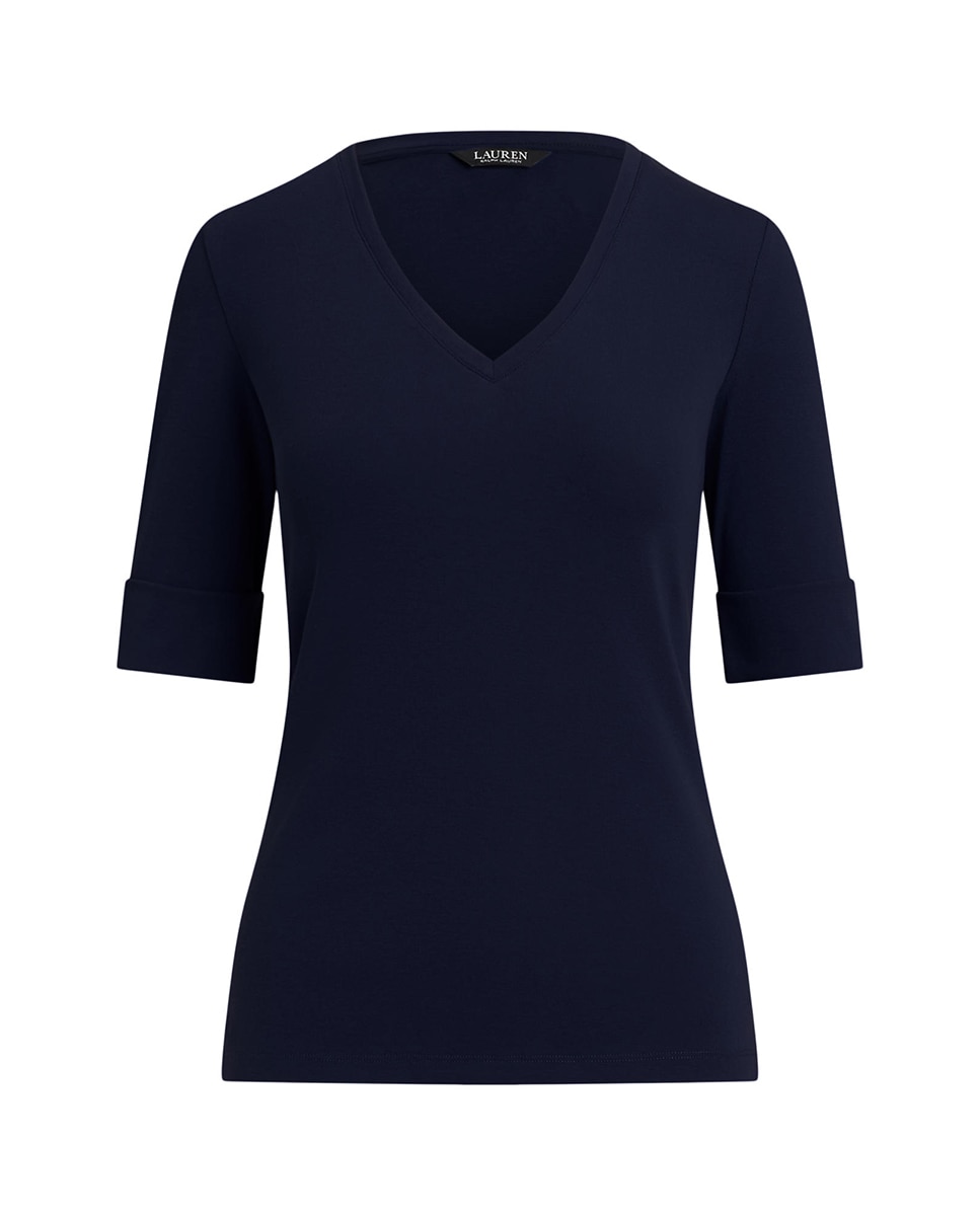 T-shirt de Algodão com Decote em Bico Azul-marinho-6