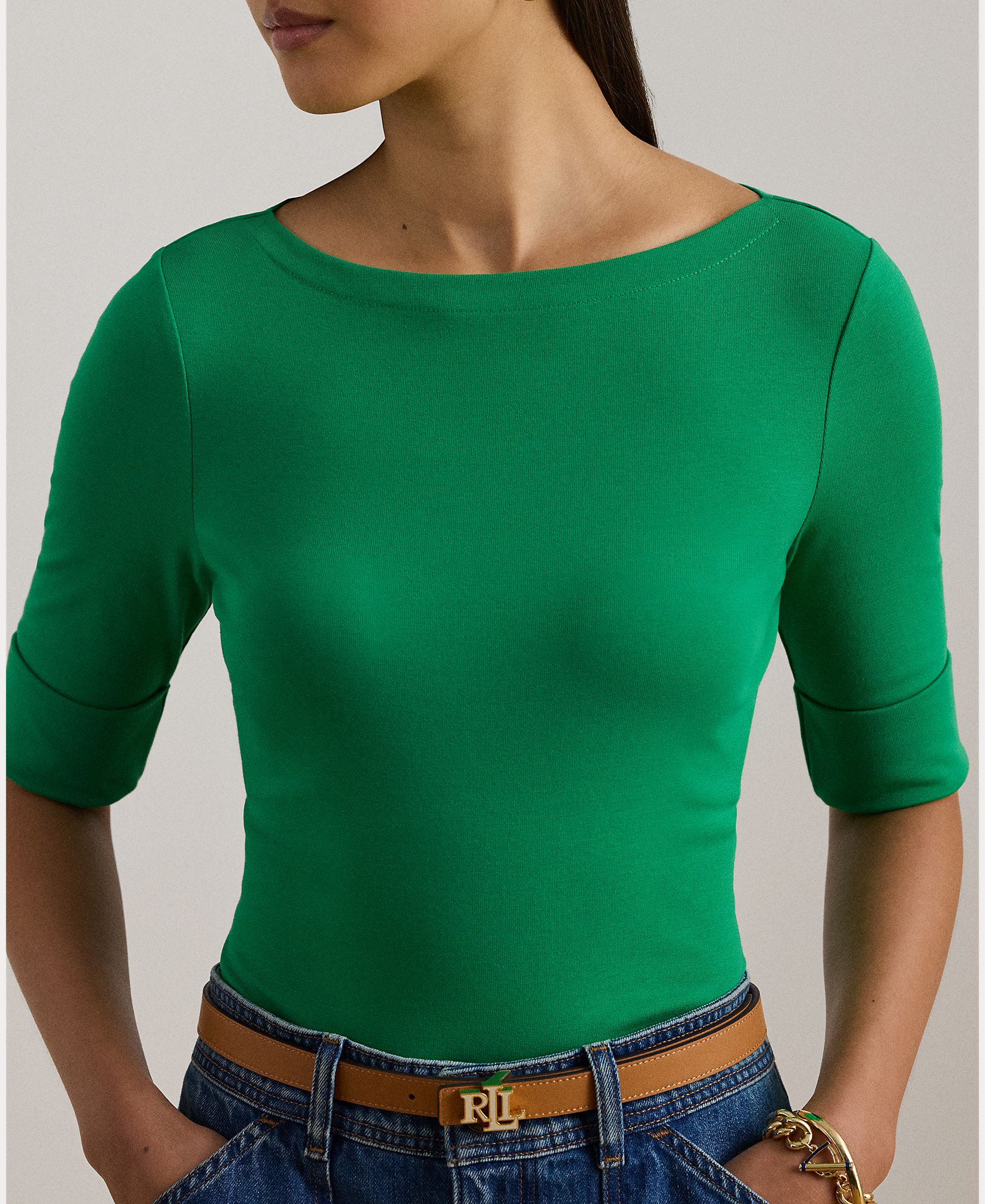 T-shirt de algodão com decote à barco Verde-3