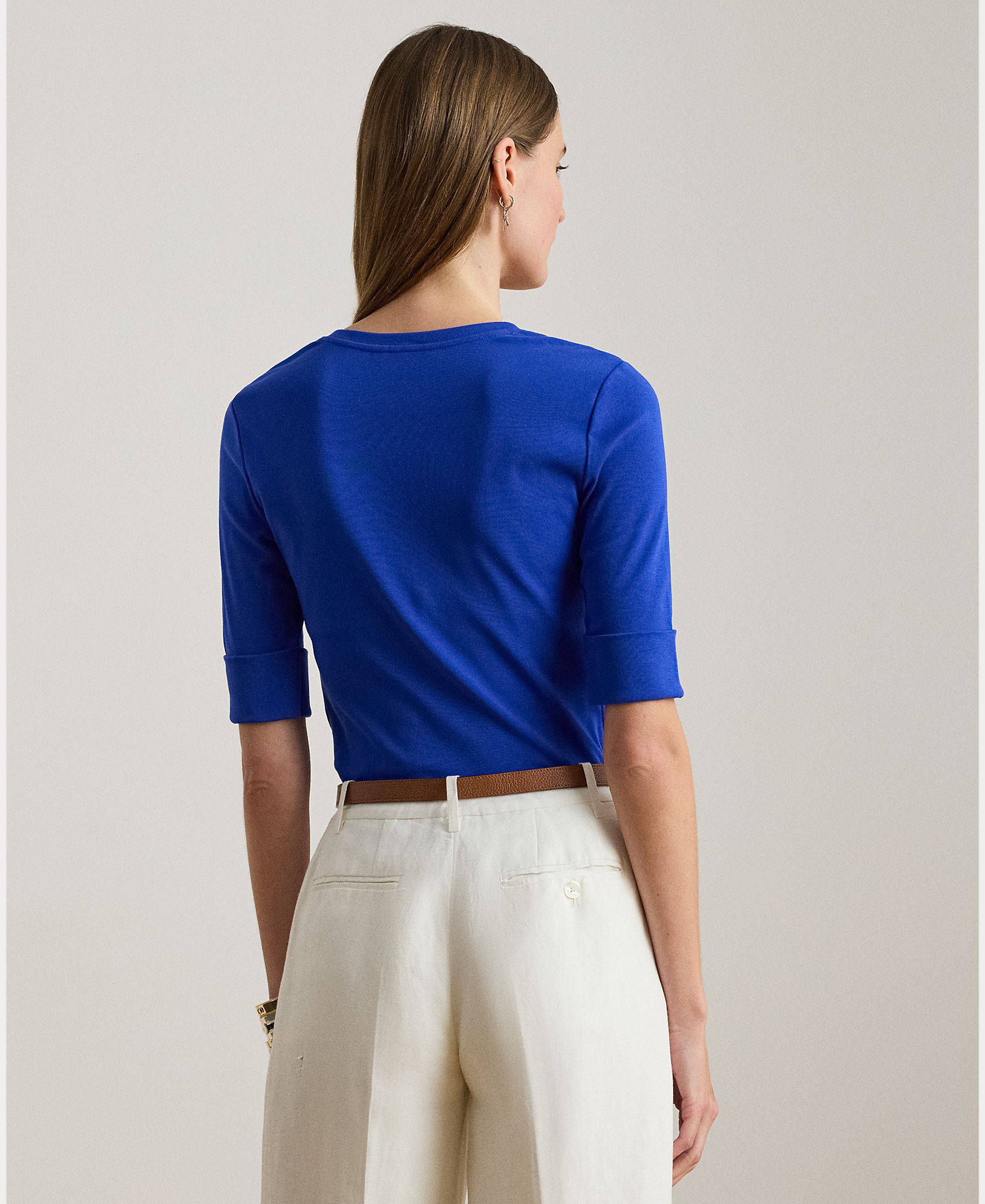 T-shirt de Algodão com Decote em Bico Azul Royal-3