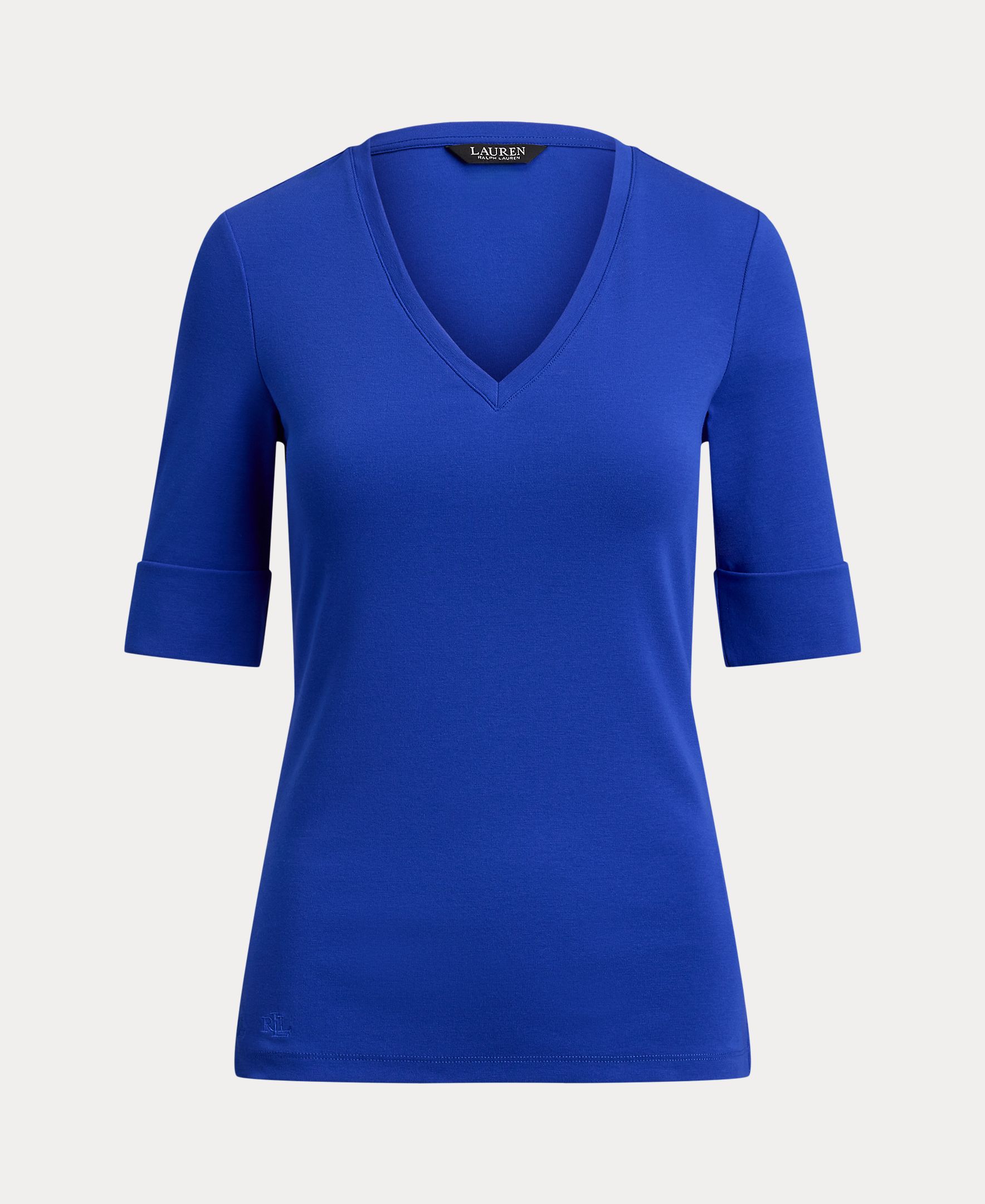 T-shirt de Algodão com Decote em Bico Azul Royal-4