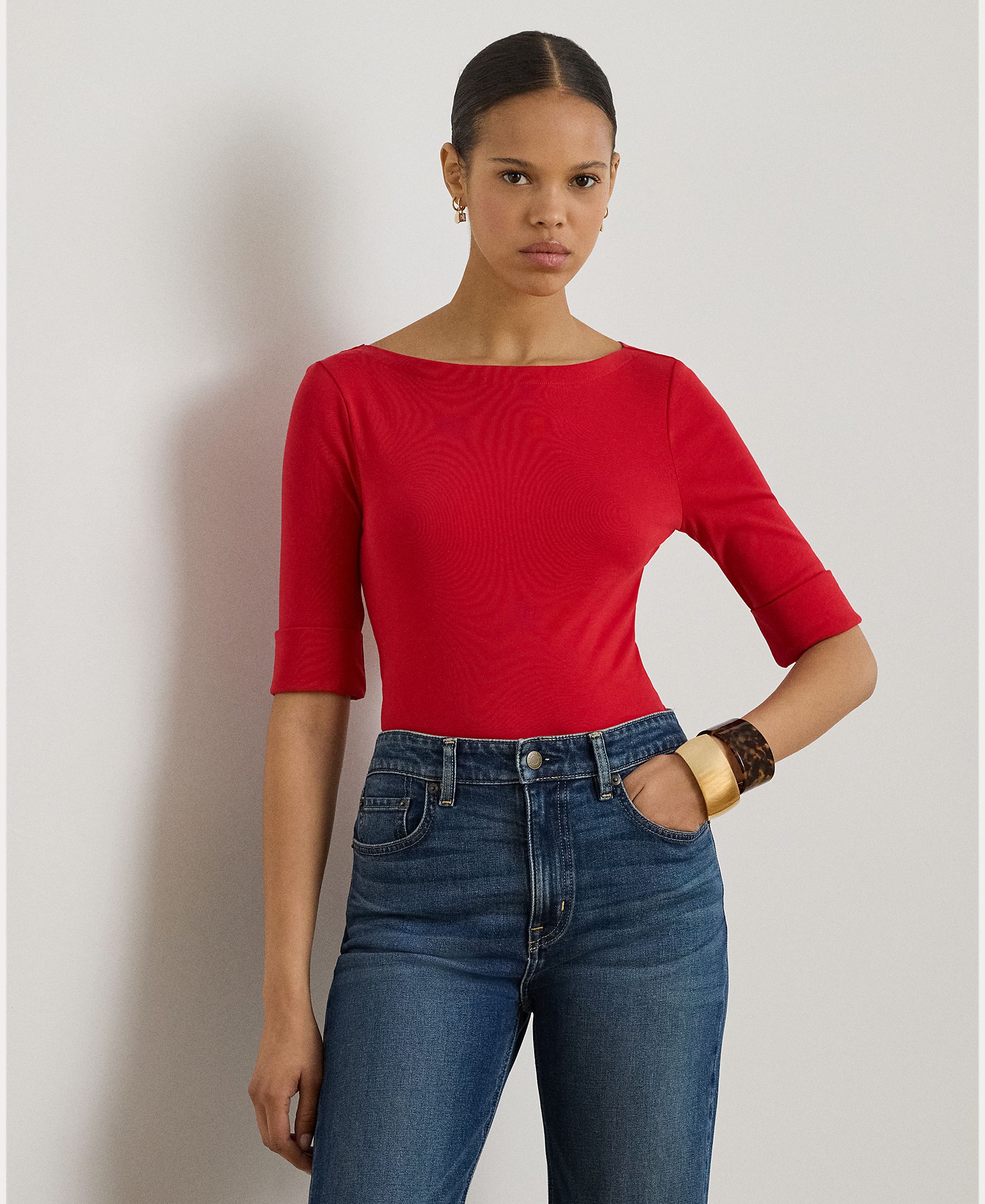 T-shirt de algodão com decote à barco Vermelho-1
