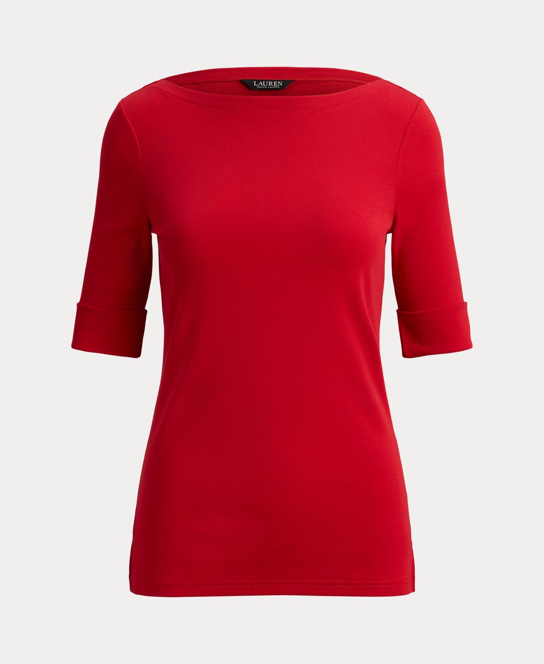 T-shirt de algodão com decote à barco Vermelho-4