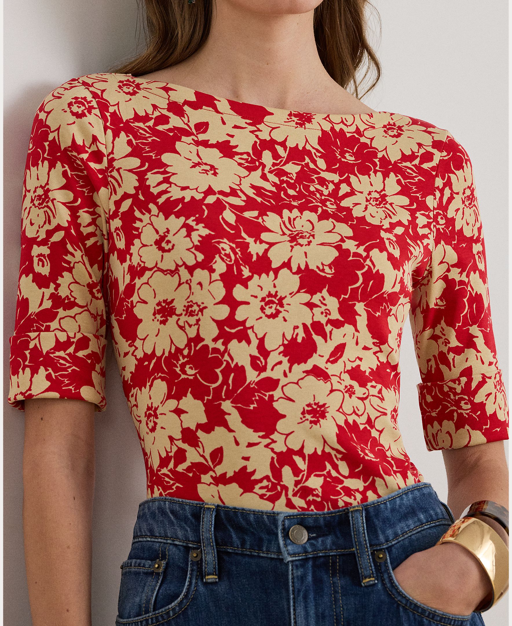 T-shirt de Algodão Elástico com Estampado Vermelho-3