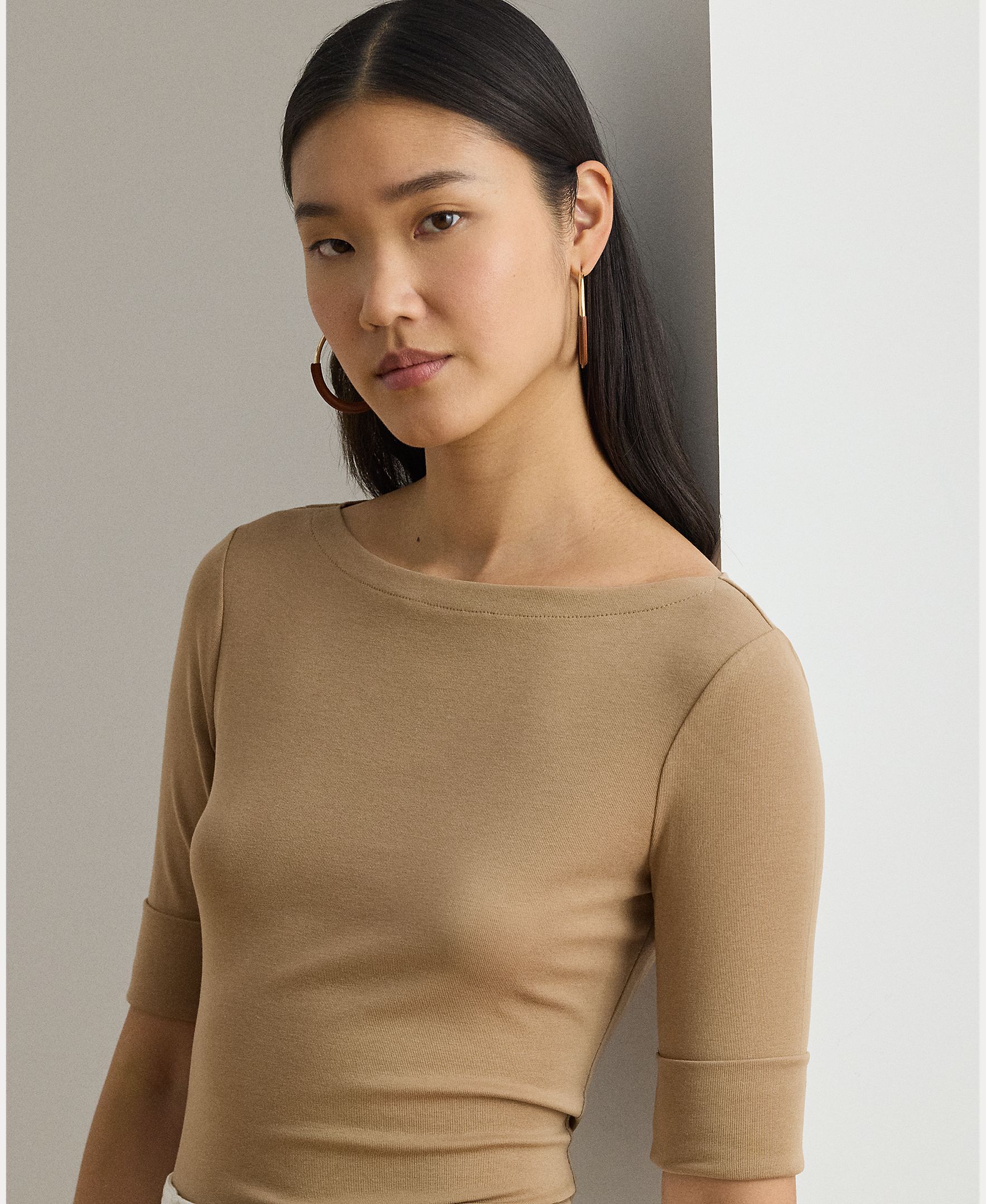 Camisola de Algodão com Manga até ao Cotovelo Camel-4