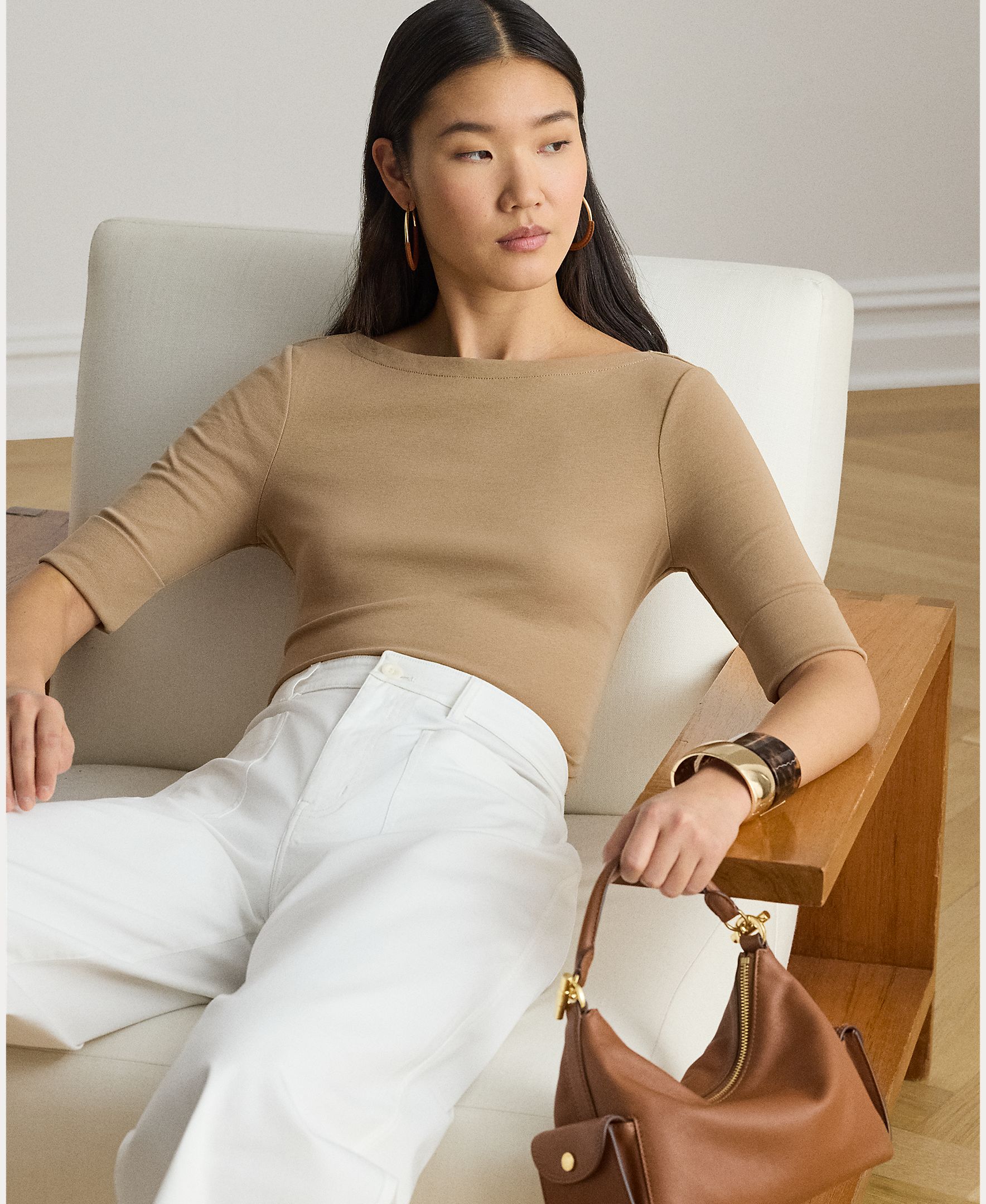 Camisola de Algodão com Manga até ao Cotovelo Camel-5
