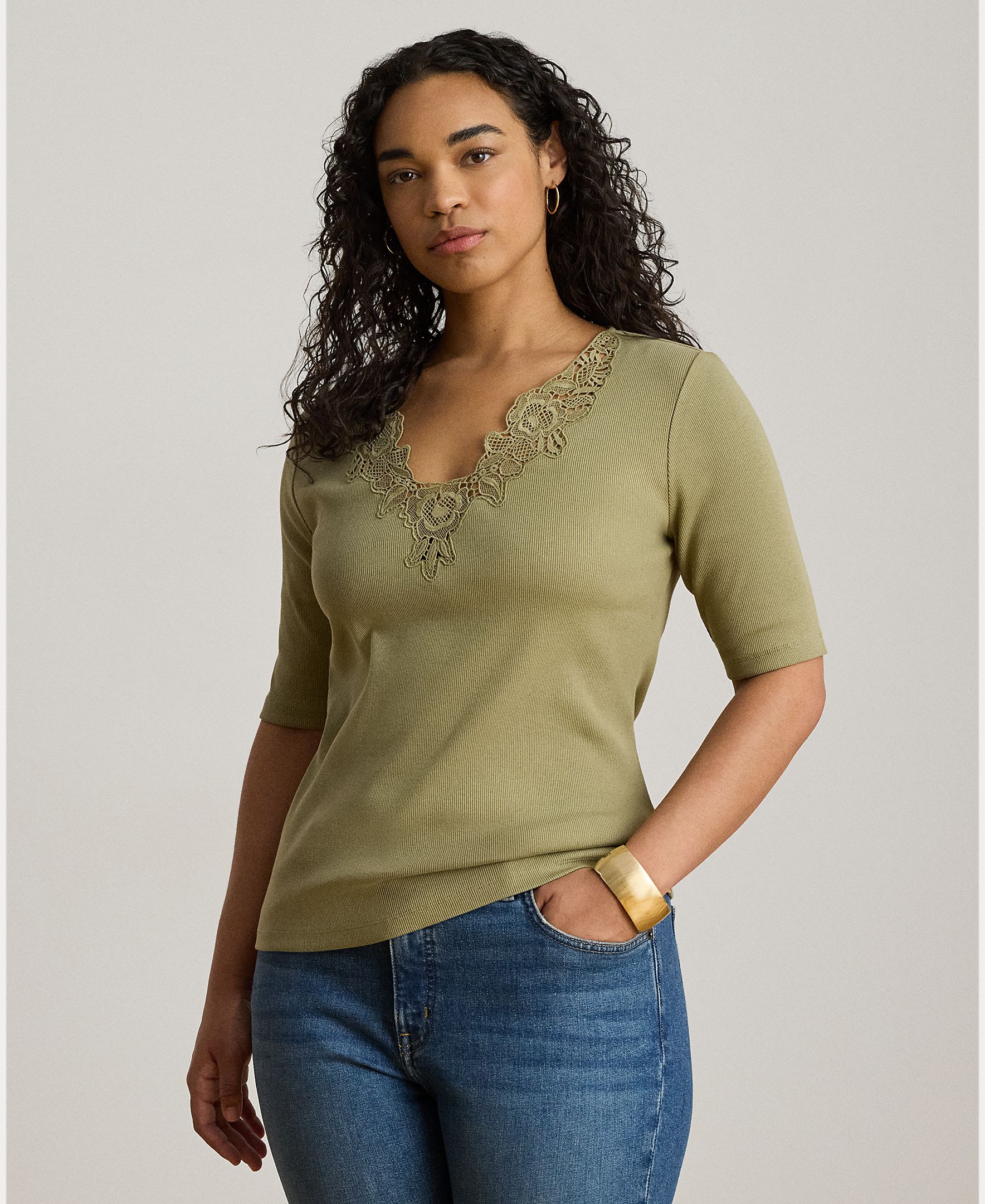 Camisola de Malha de Algodão Canelado com Detalhe de Bordado no Decote Caqui-5