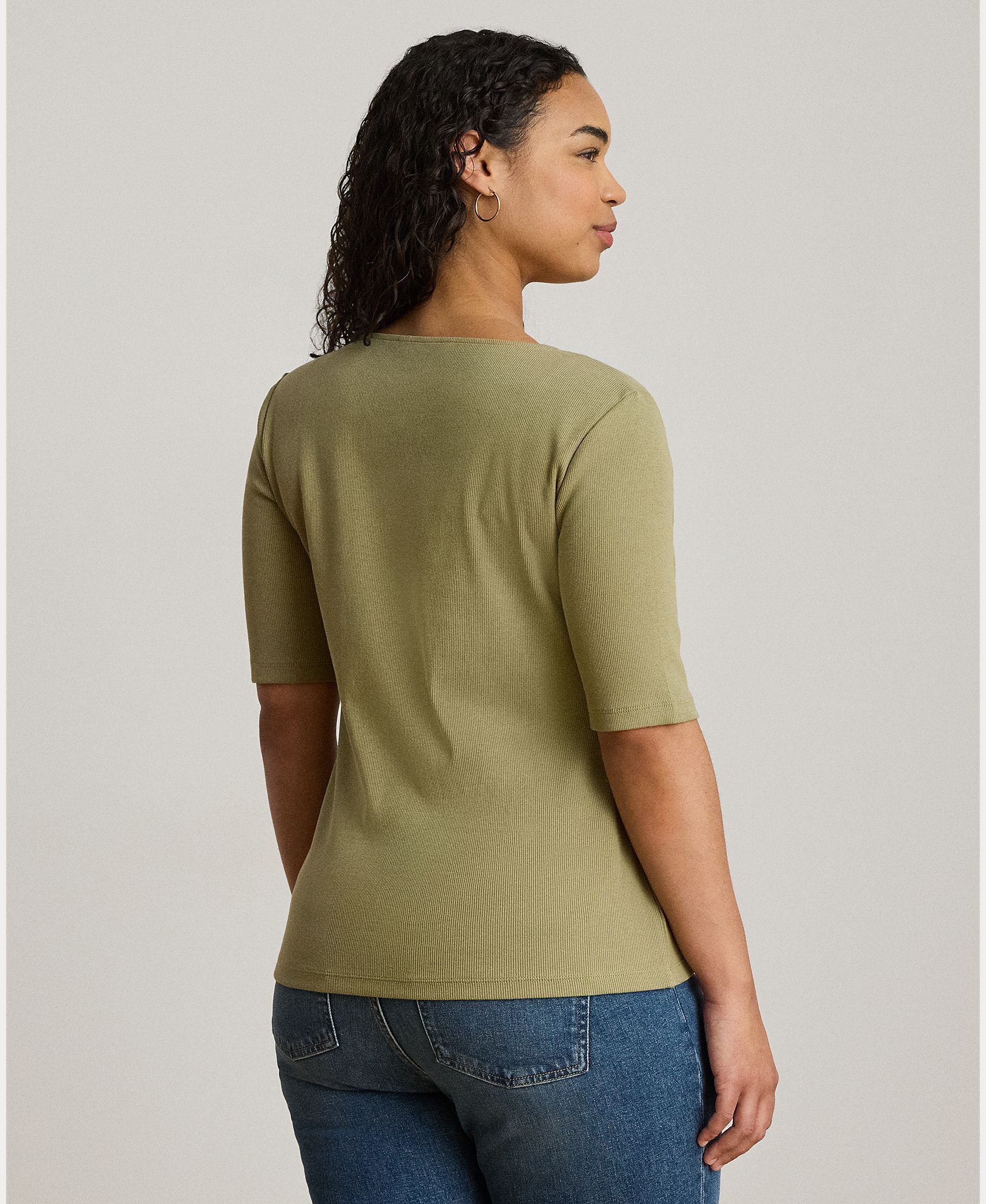 Camisola de Malha de Algodão Canelado com Detalhe de Bordado no Decote Caqui-6