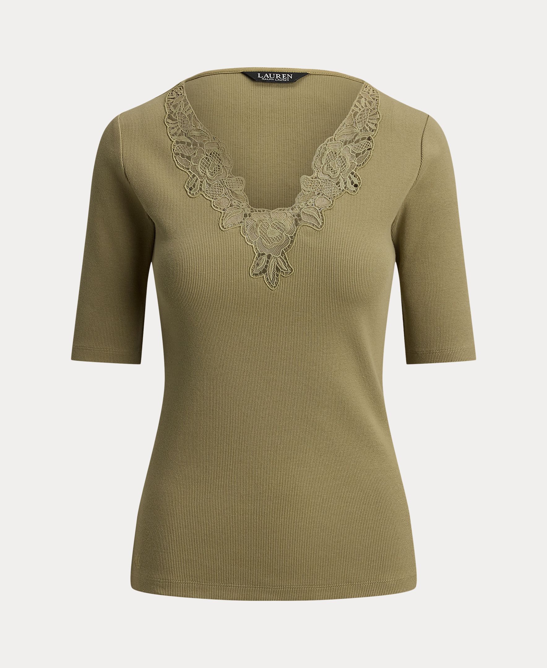 Camisola de Malha de Algodão Canelado com Detalhe de Bordado no Decote Caqui-8