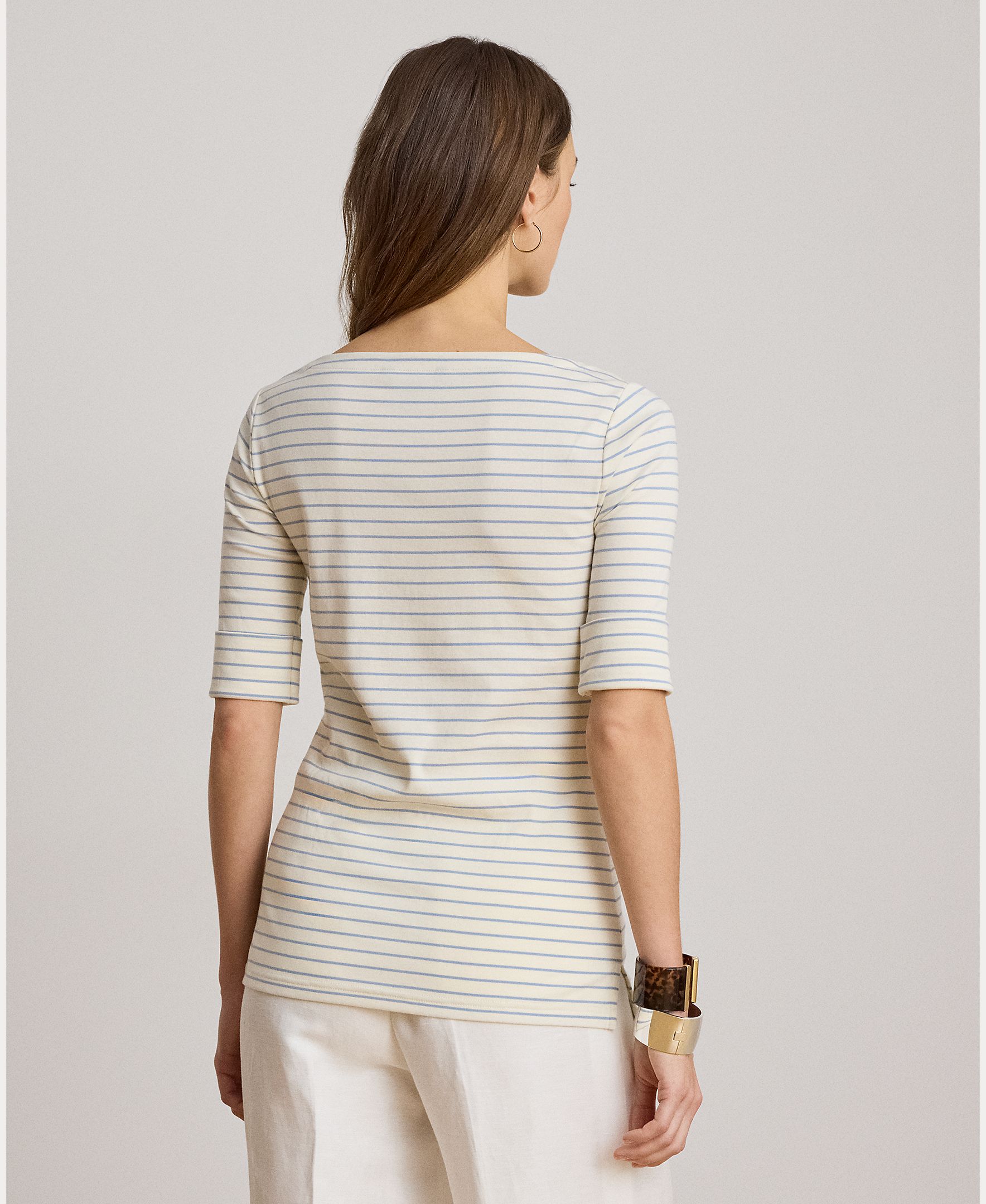 T-shirt de Algodão e Elástico às Riscas Azul-claro-3