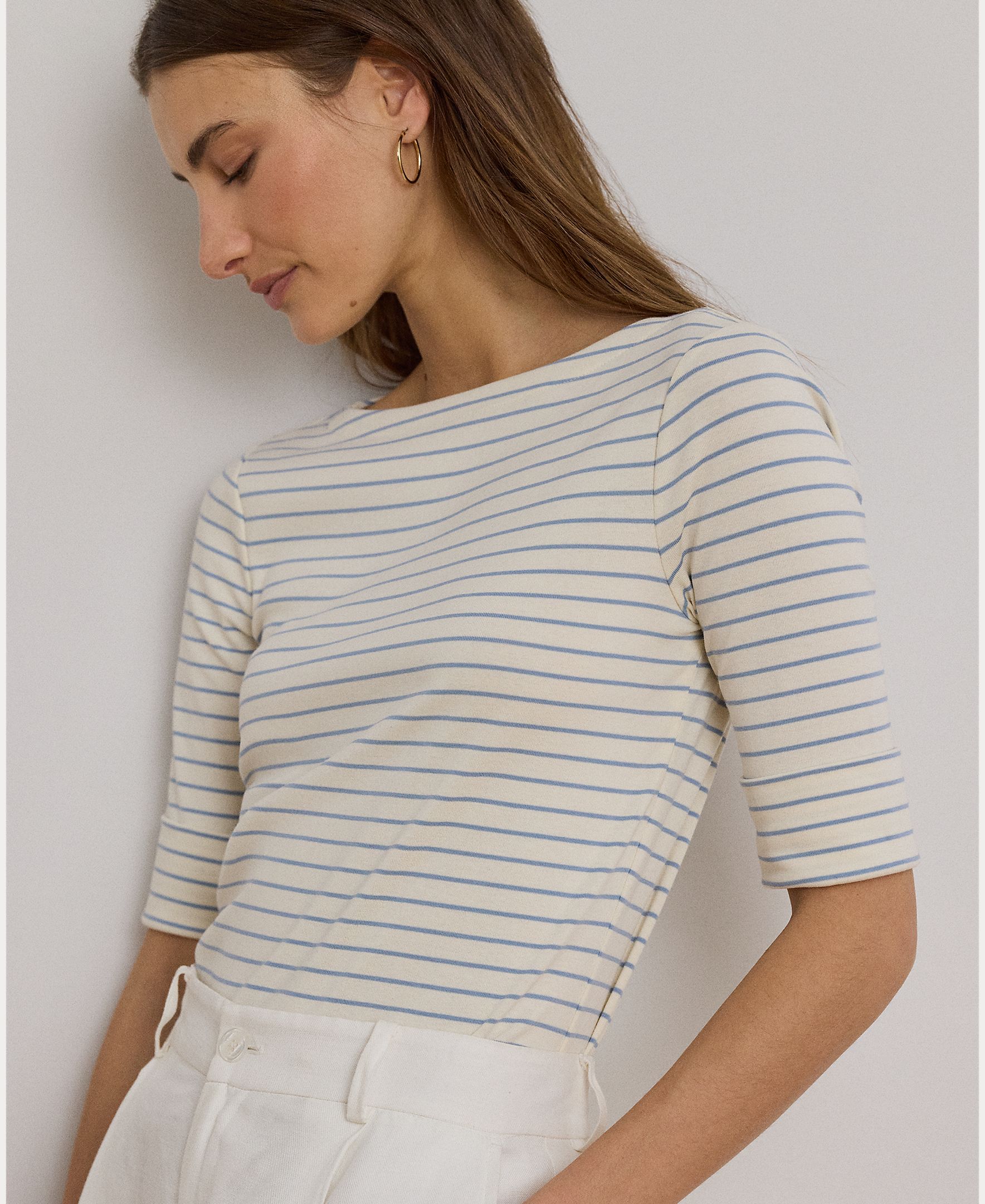 T-shirt de Algodão e Elástico às Riscas Azul-claro-4