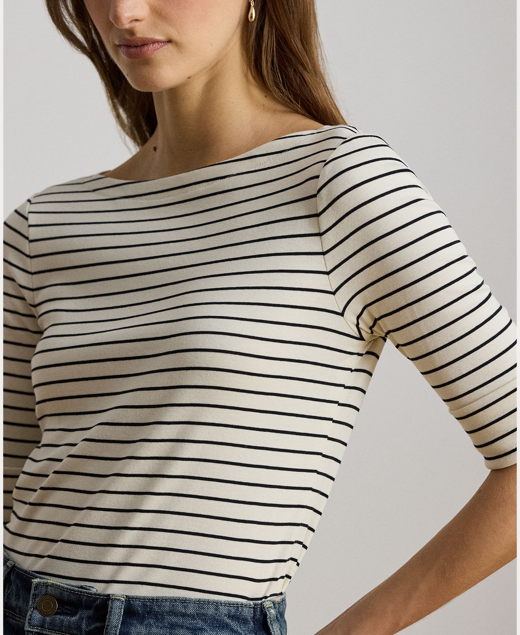 T-shirt de Algodão e Elástico às Riscas Natural-4