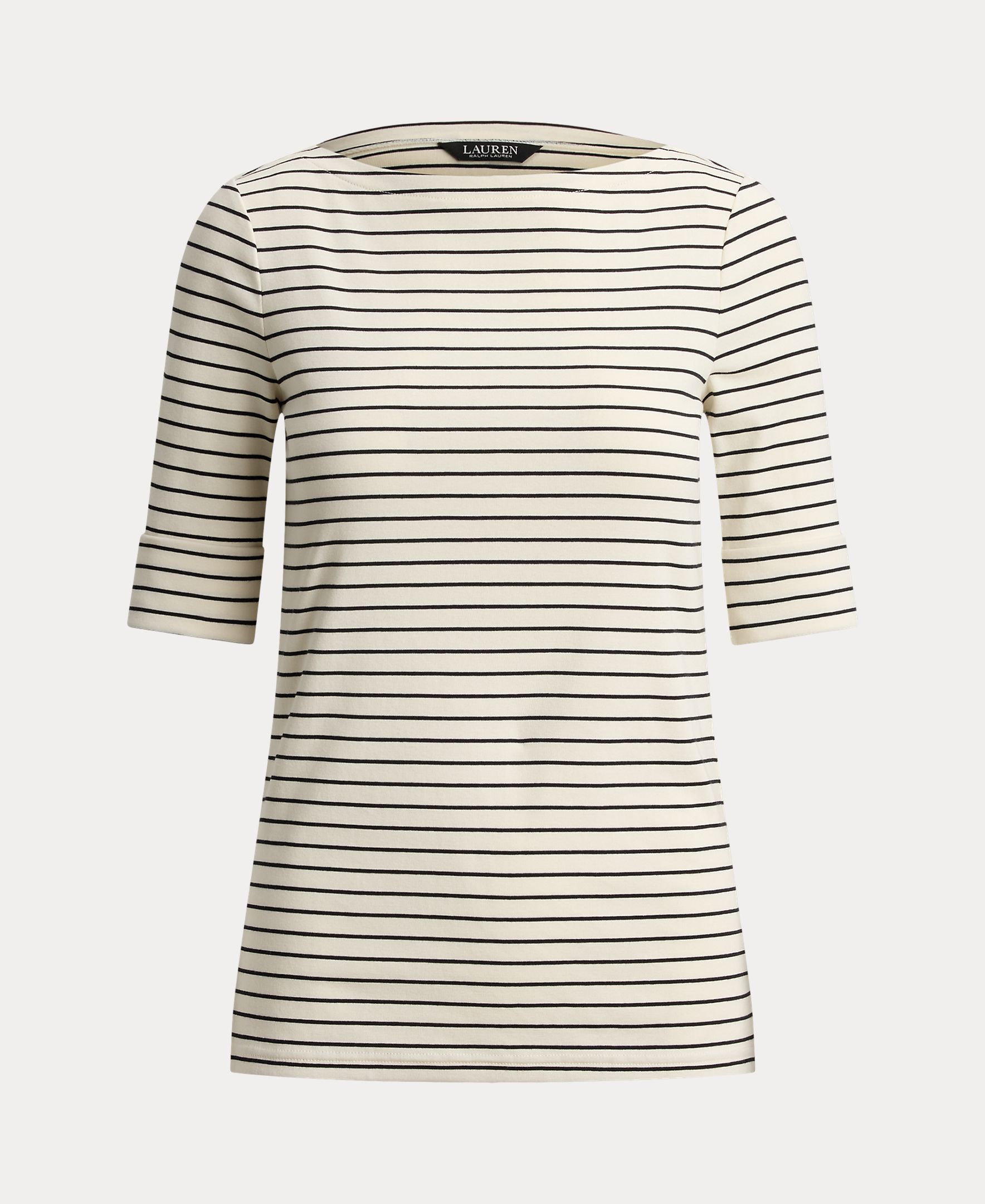 T-shirt de Algodão e Elástico às Riscas Natural-9