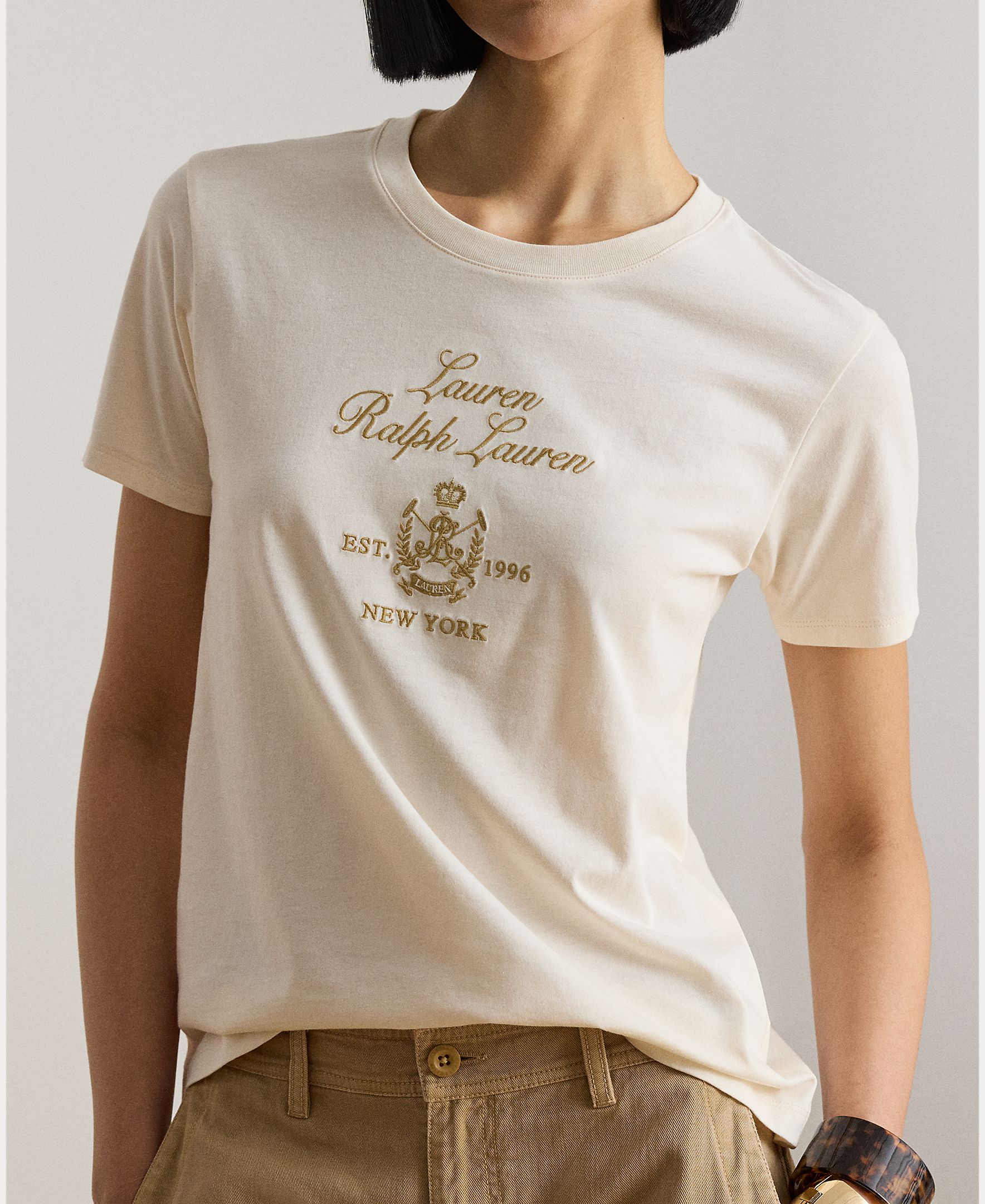T-shirt de Algodão com Escudo Bordado Creme-4