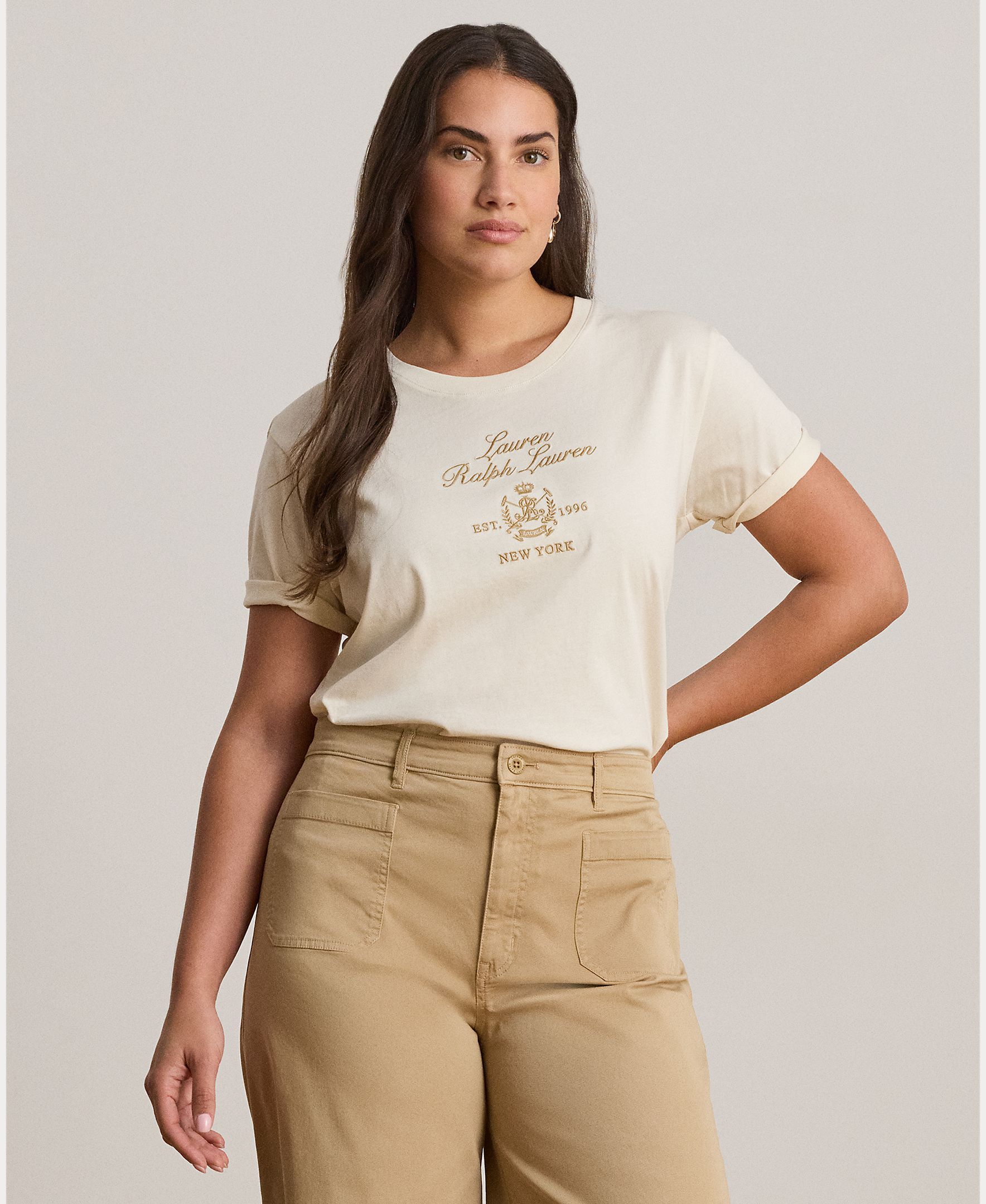 T-shirt de Algodão com Escudo Bordado Creme-5
