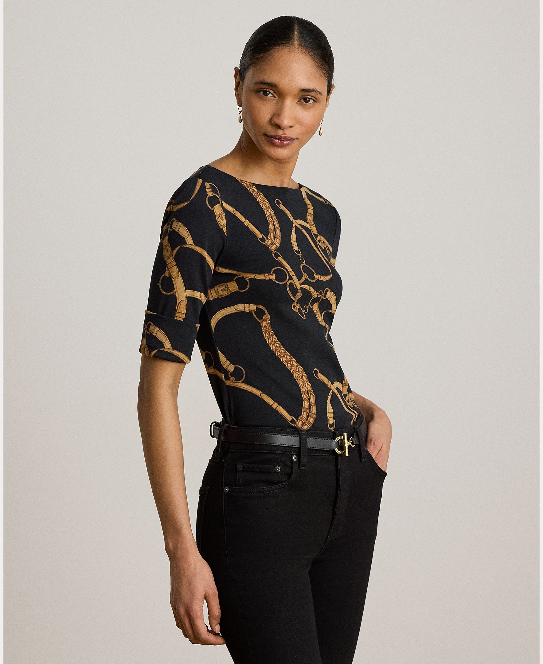 Lauren Ralph Lauren - Camiseta de mujer de algodón elástico con cuello barco.