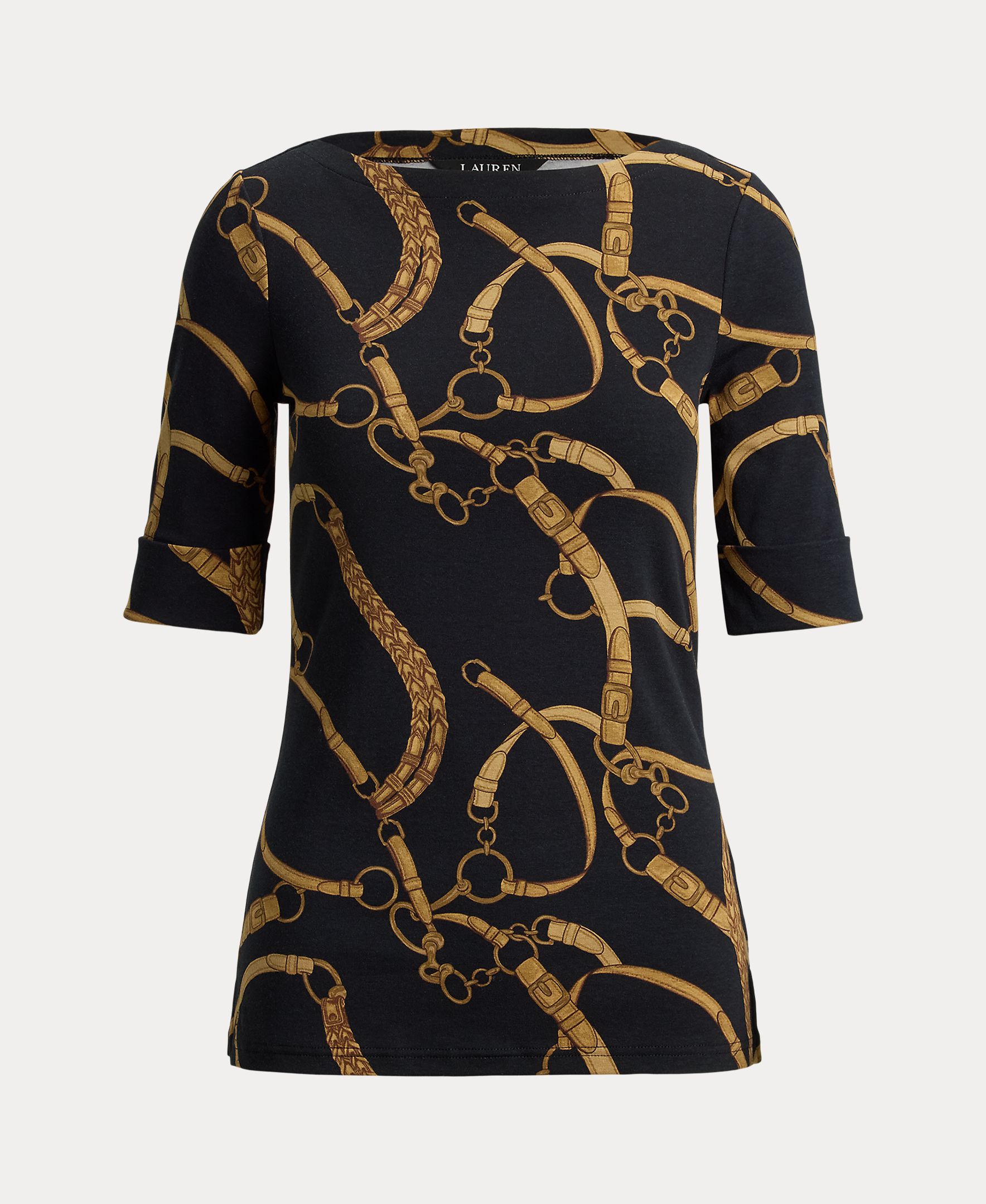 T-shirt de Algodão Elástico com Decote à Barco Preto-9