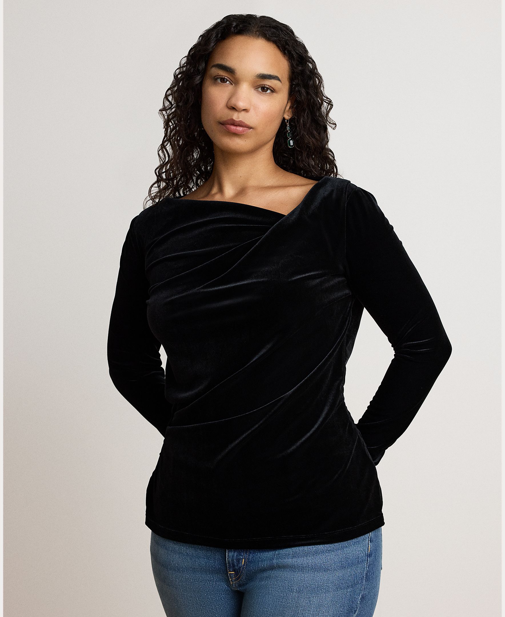 Camisola de Malha de Veludo com Gola Assimétrica Preto-6