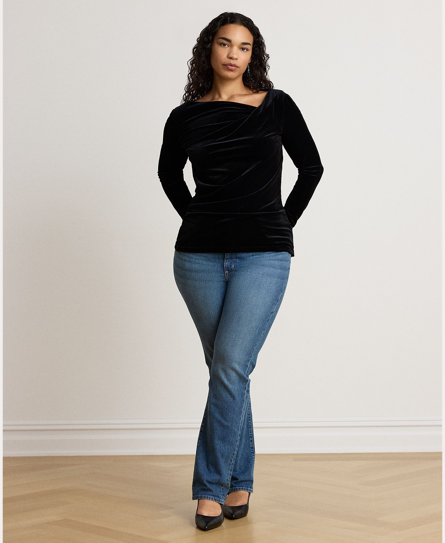 Camisola de Malha de Veludo com Gola Assimétrica Preto-8