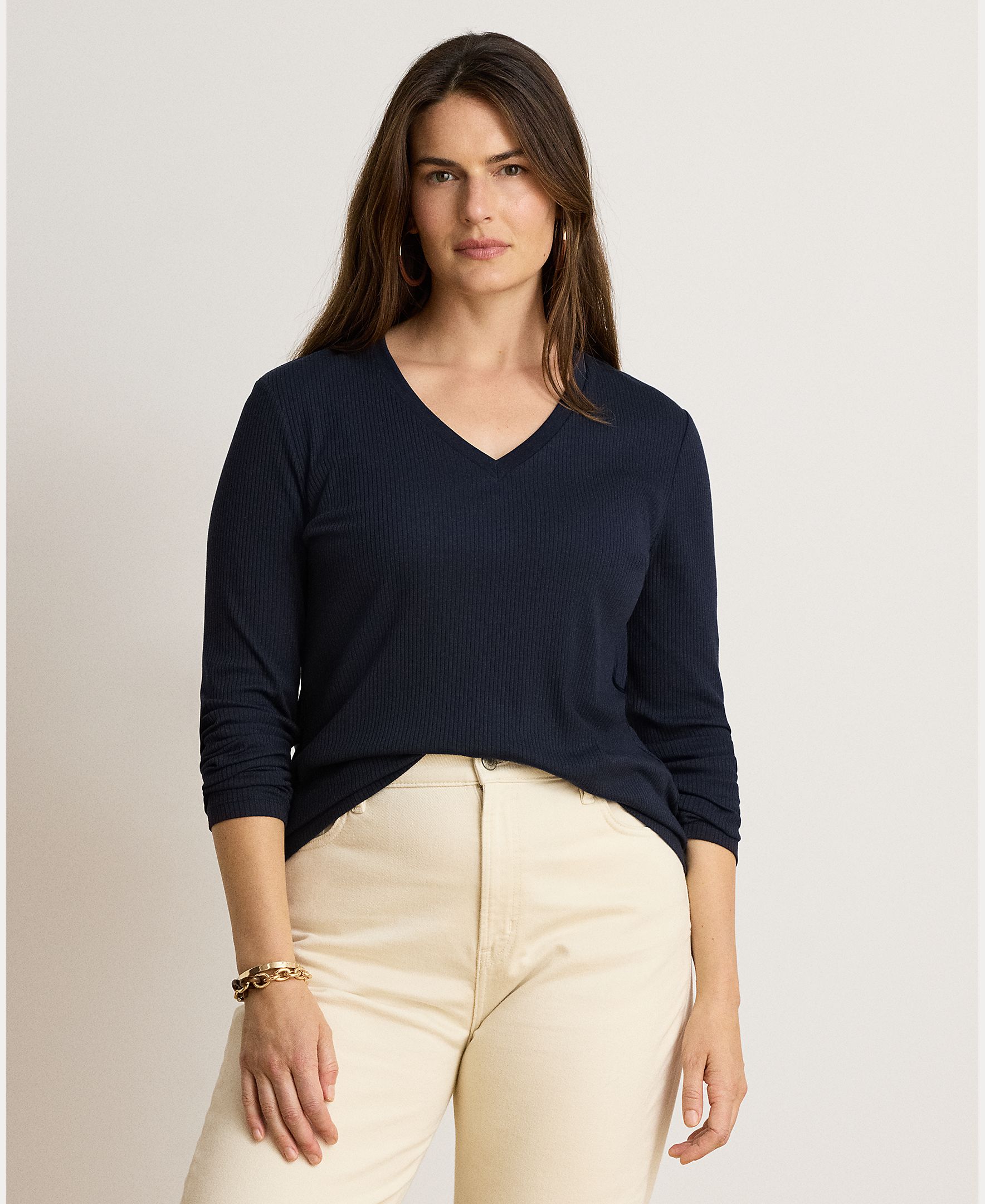 Camisola de Malha de Algodão com Decote em Bico, Disponível em Tamanhos Grandes Azul-marinho-5