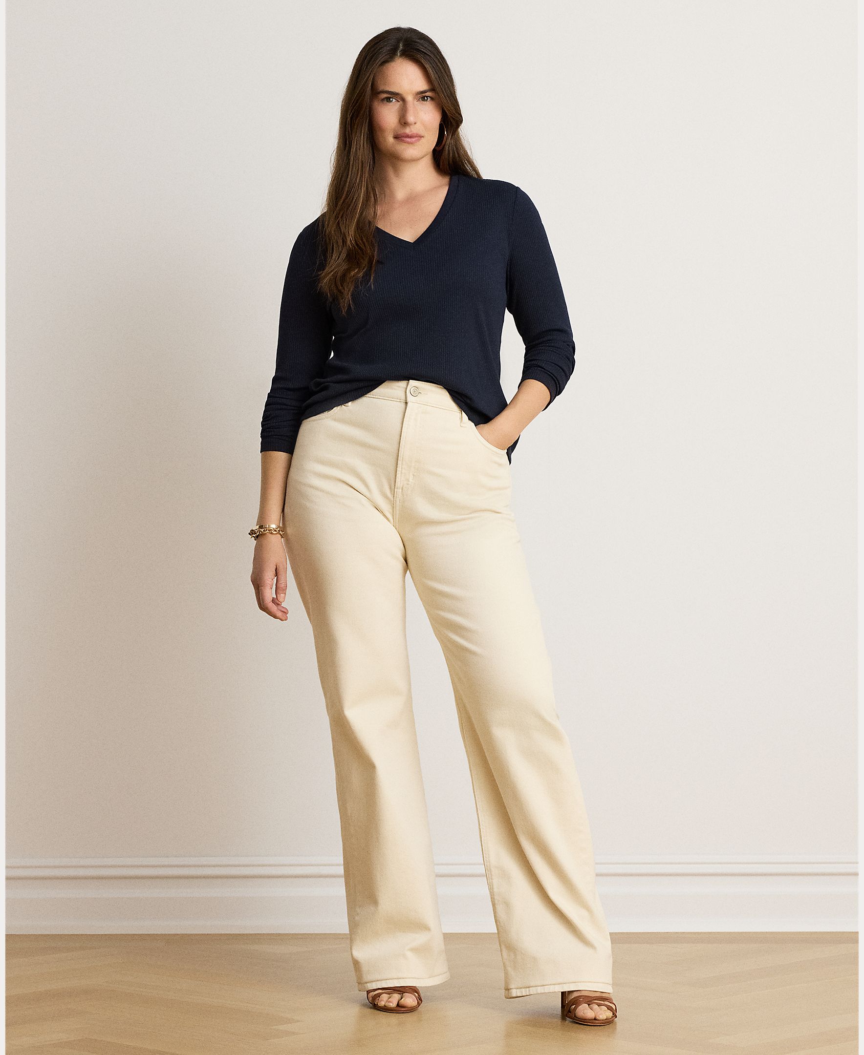 Camisola de Malha de Algodão com Decote em Bico, Disponível em Tamanhos Grandes Azul-marinho-7
