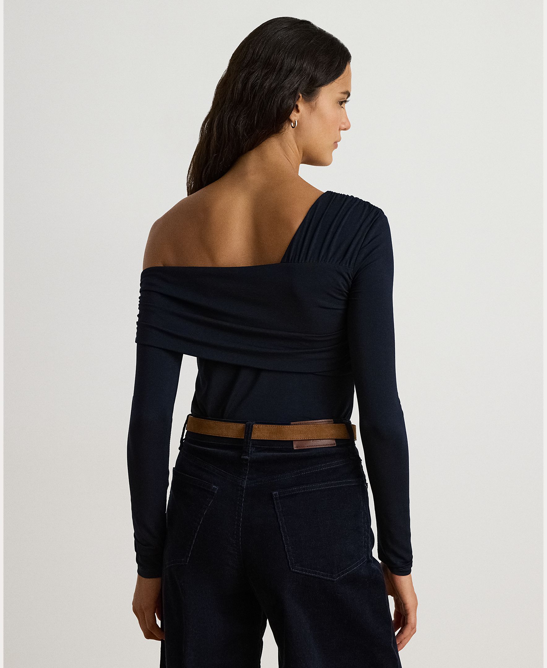 Camisola de Malha Justa com Gola Assimétrica Azul-marinho-3