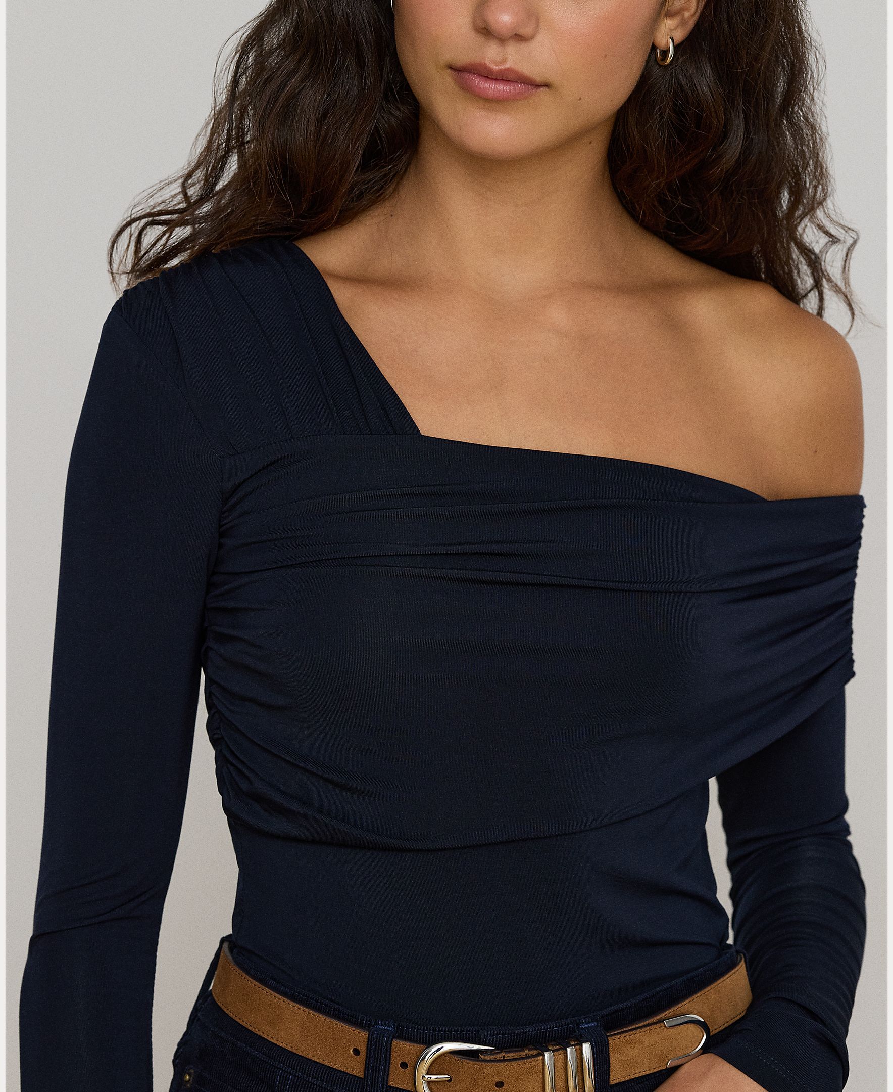 Camisola de Malha Justa com Gola Assimétrica Azul-marinho-4