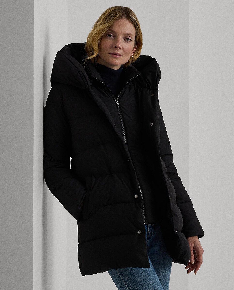 Blusão acolchoado curto de mulher com capuz Preto-3