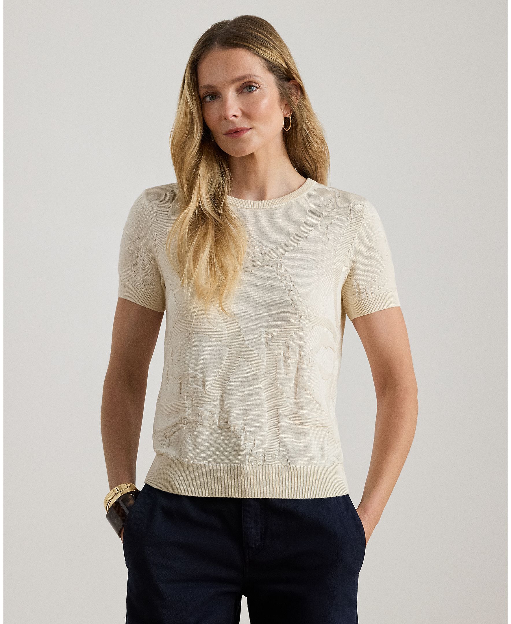 Camisola de malha de mulher com manga curta e decote redondo Creme-1