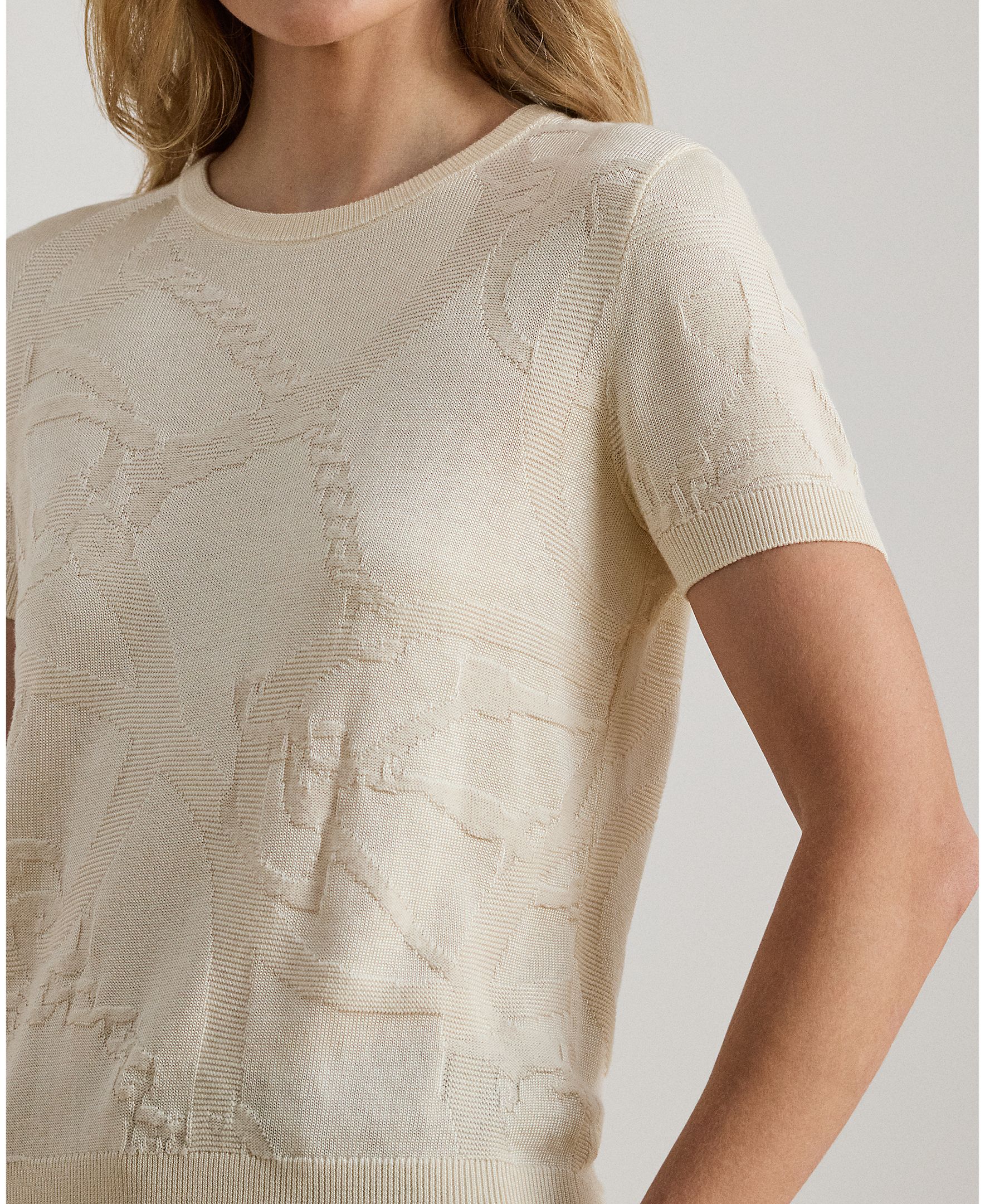 Camisola de malha de mulher com manga curta e decote redondo Creme-3