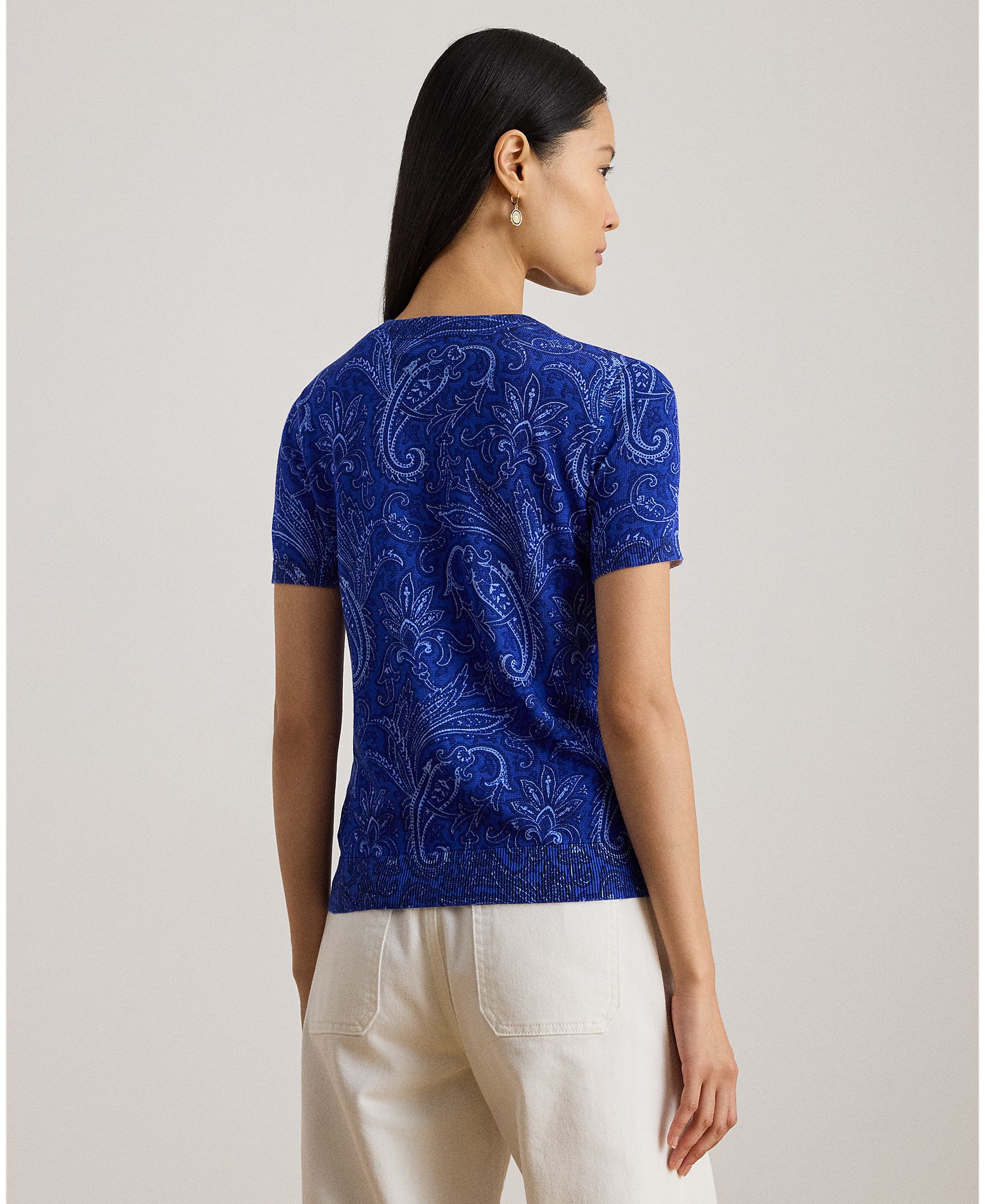 Camisola de malha estampada de mulher com manga curta Azulão-2