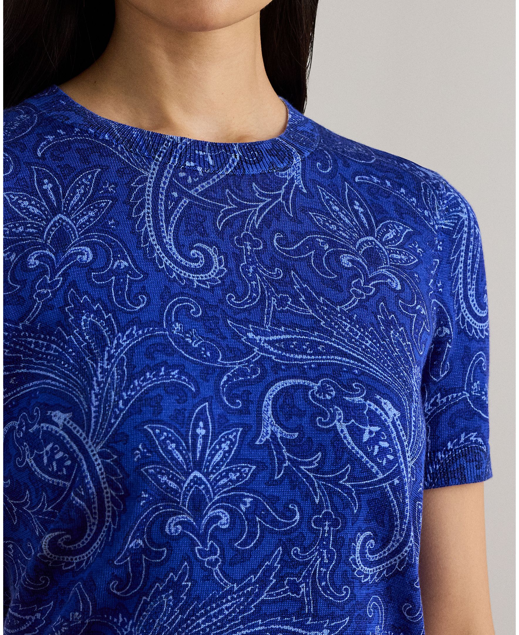 Camisola de malha estampada de mulher com manga curta Azulão-3
